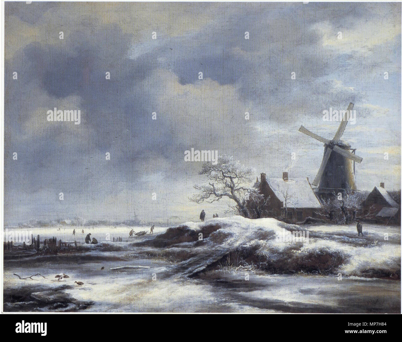 Winter Landscape with a windmill.  English: Winter Landscape with a Windmill   This object is indexed in RKDimages, database of the Netherlands Institute for Art History, under the reference 2680. čeština | English | français | македонски | Nederlands | +/−   . 1670s.   685 Jacob van Ruisdael - Winter Landscape with a Windmill Stock Photo