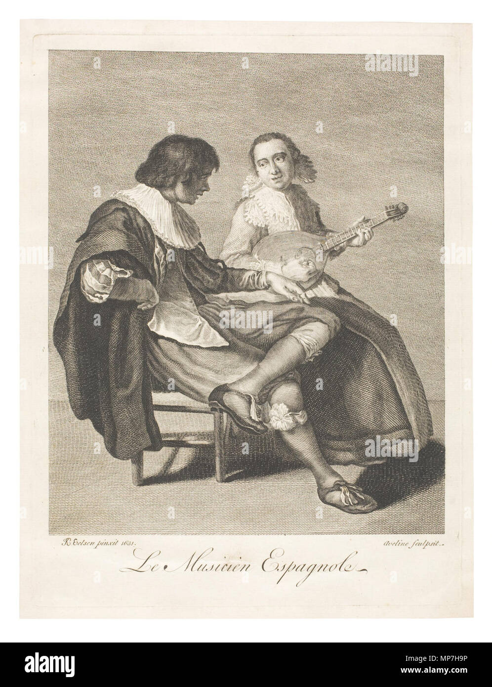 . Français : 'Le Musicien Espagnole' English: 'The Spanish Musician' Notes: A lady seated next to a man learning how to play the guitar. Signed left by Jacob van Velsen (looks like JE Eelsen pinxit 1631); Signed right by Pierre Alexandre Aveline (Aveline Sculpsit); Under title 'Publish'd according to Act of Parliament Sept.r 30th. 1755' Copper engraving. Plate 318 x 235mm. 12½ x 9¼    This object is indexed in RKDimages, database of the Netherlands Institute for Art History, under the reference 225159. čeština | English | français | македонски | Nederlands | +/−   . 1755. Jacob van Velsen, Pie Stock Photo