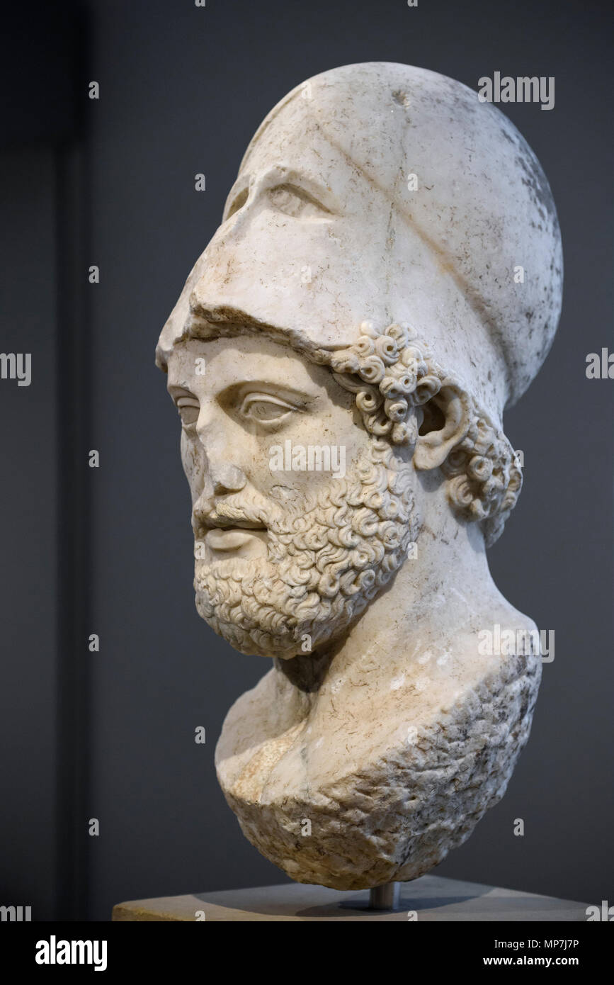 Berlin. Germany. Portrait bust of Pericles with Corinthian helmet, Roman sculpture after a Greek original from around 430 BC. Altes Museum.  Bildnisbu Stock Photo