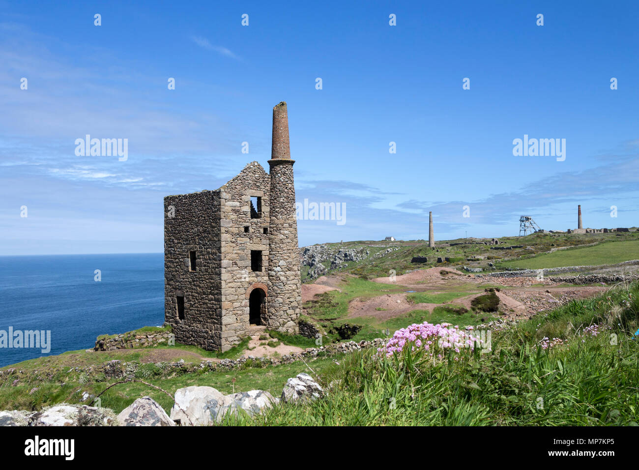 Wheal Owles Mine With the Botallack Mine Behind, Viewed From the South West Coast Path, Botallack, Near St Just, Cornwall, UK Stock Photo