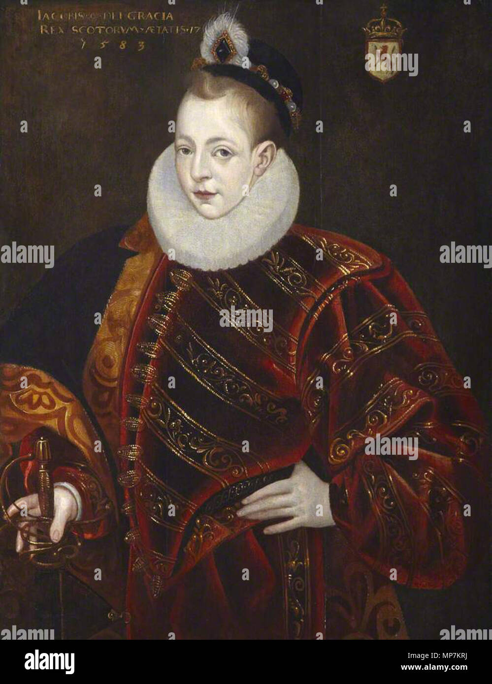 . Portrait of James VI of Scotland, later James I of Engliand (1566-1625), 1583. 1583.   Possibly Adrian Vanson  (fl. 1581–1602)    Alternative names Adrian van Son  Description Flemish painter  Date of birth/death 1602  Work period from 1581 until 1602  Work location Edinburgh  Authority control  : Q4685406 VIAF: 96468392 ULAN: 500105621 RKD: 73904      Possibly Arnold Bronckorst  (fl. 1565–1583)    Alternative names Arnold van Bronckhorst, Arnold van Brounckhorst, Arnold van Brounckhurst  Description Netherlandish painter and court painter  Date of birth/death 1565 1583  Work period from 156 Stock Photo
