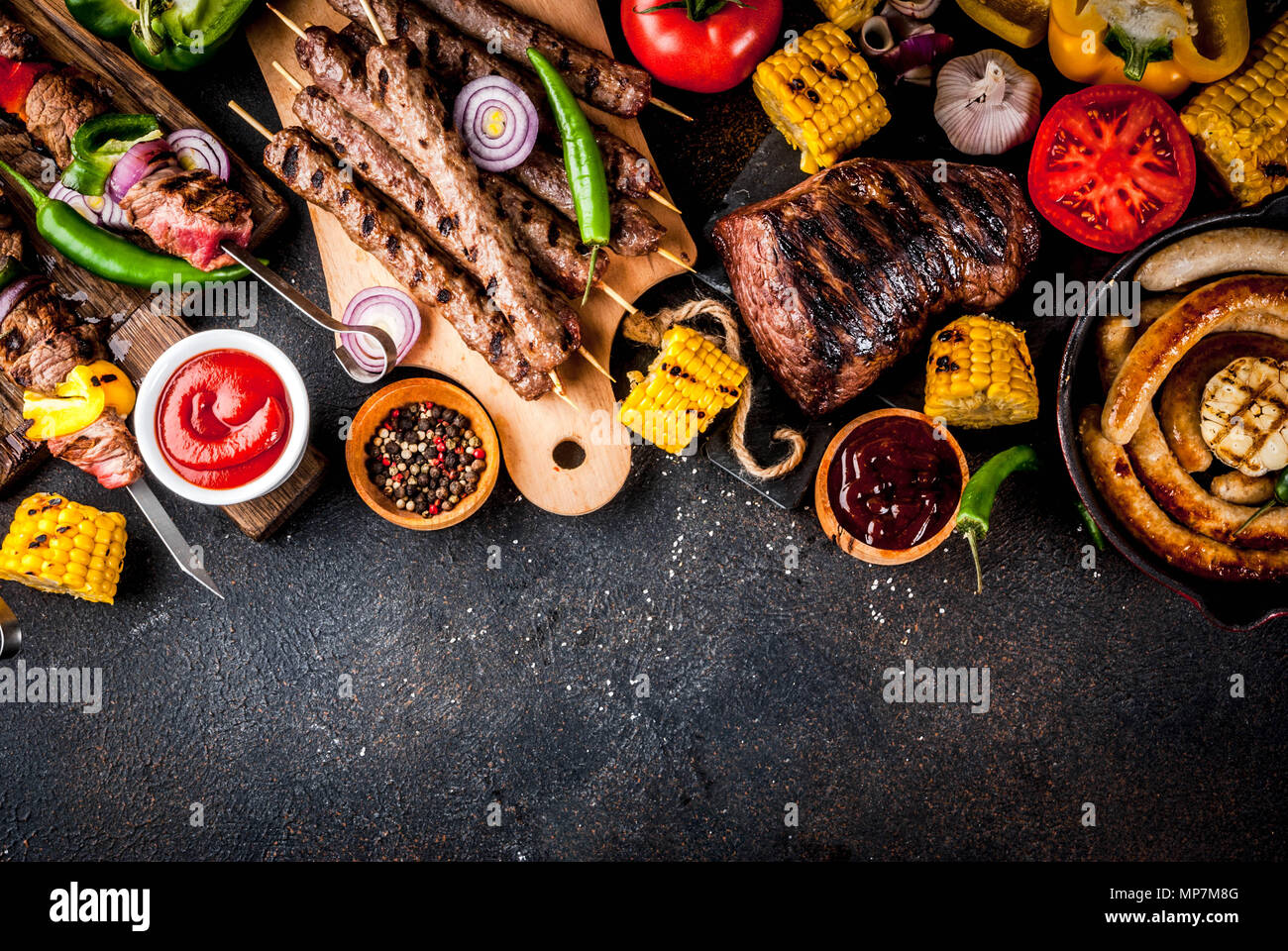 Assortment various barbecue food grill meat, bbq party fest shish