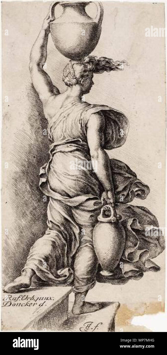 .  English: Woman with a water jug, seen from the back. . circa 1670.   Jan de Bisschop  (1628–1671)     Alternative names Johannes Episcopius  Description Dutch printmaker and draughtsman  Date of birth/death between May 1628 and July 1628 1671  Location of birth/death Amsterdam The Hague  Work location Amsterdam (1644 - 1648); Leiden (1649 - 1652); The Hague (1652 - 1671)  Authority control  : Q12053160 VIAF: 284271 ISNI: 0000 0001 0861 8516 ULAN: 500012701 LCCN: nr93045762 WGA: BISSCHOP, Jan de WorldCat      After Pieter Donker  (1635–1668)    Alternative names Pieter P. Donker, Pieter P. D Stock Photo