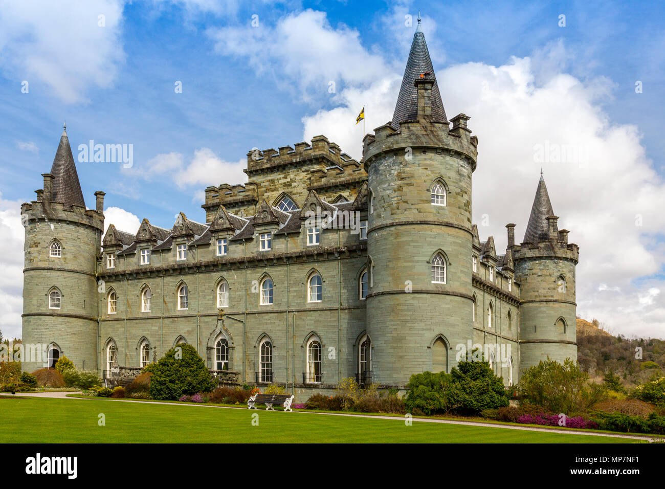The historic turreted Inveraray Castle from 1789, seat of the Clan Campbell, stands on the shores of Loch Fyne, Argyll & Bute, Scotland, UK Stock Photo