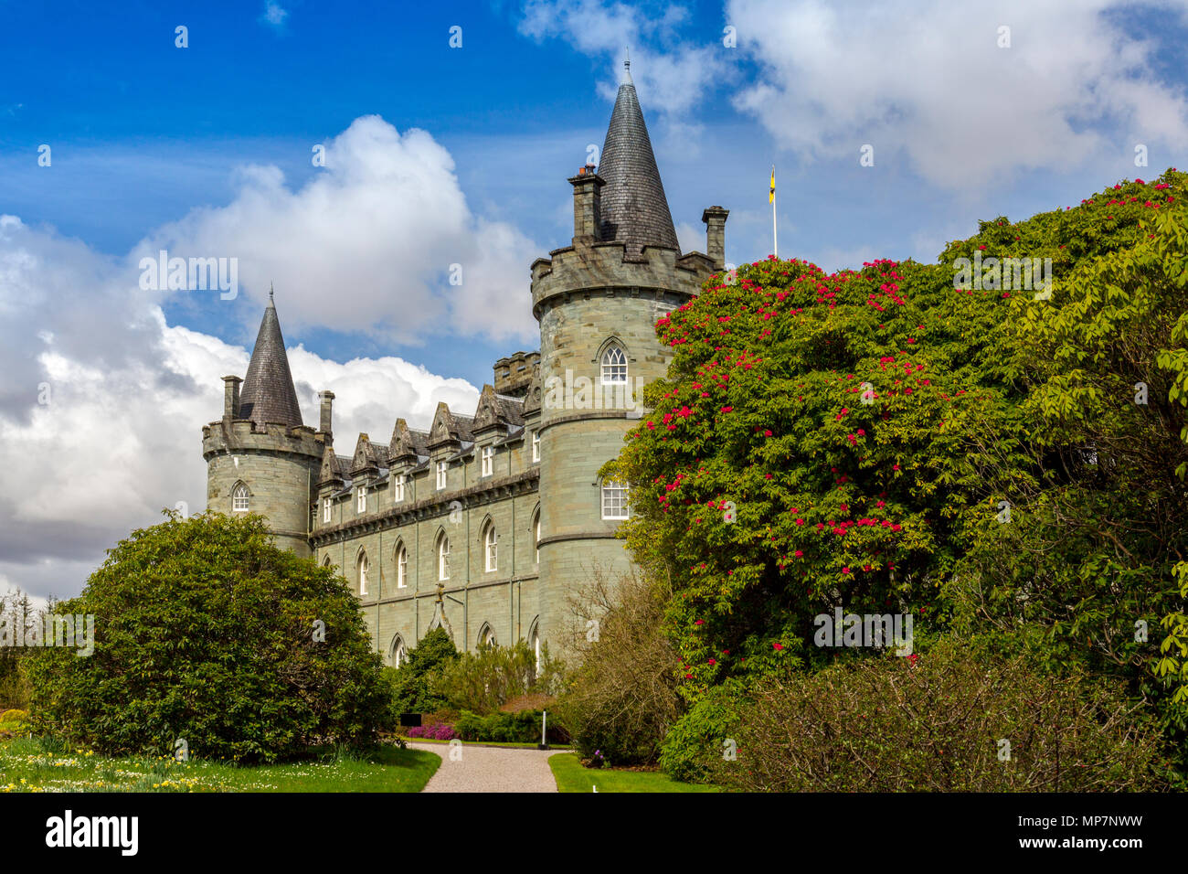 The historic turreted Inveraray Castle from 1789, seat of the Clan Campbell, stands on the shores of Loch Fyne, Argyll & Bute, Scotland, UK Stock Photo