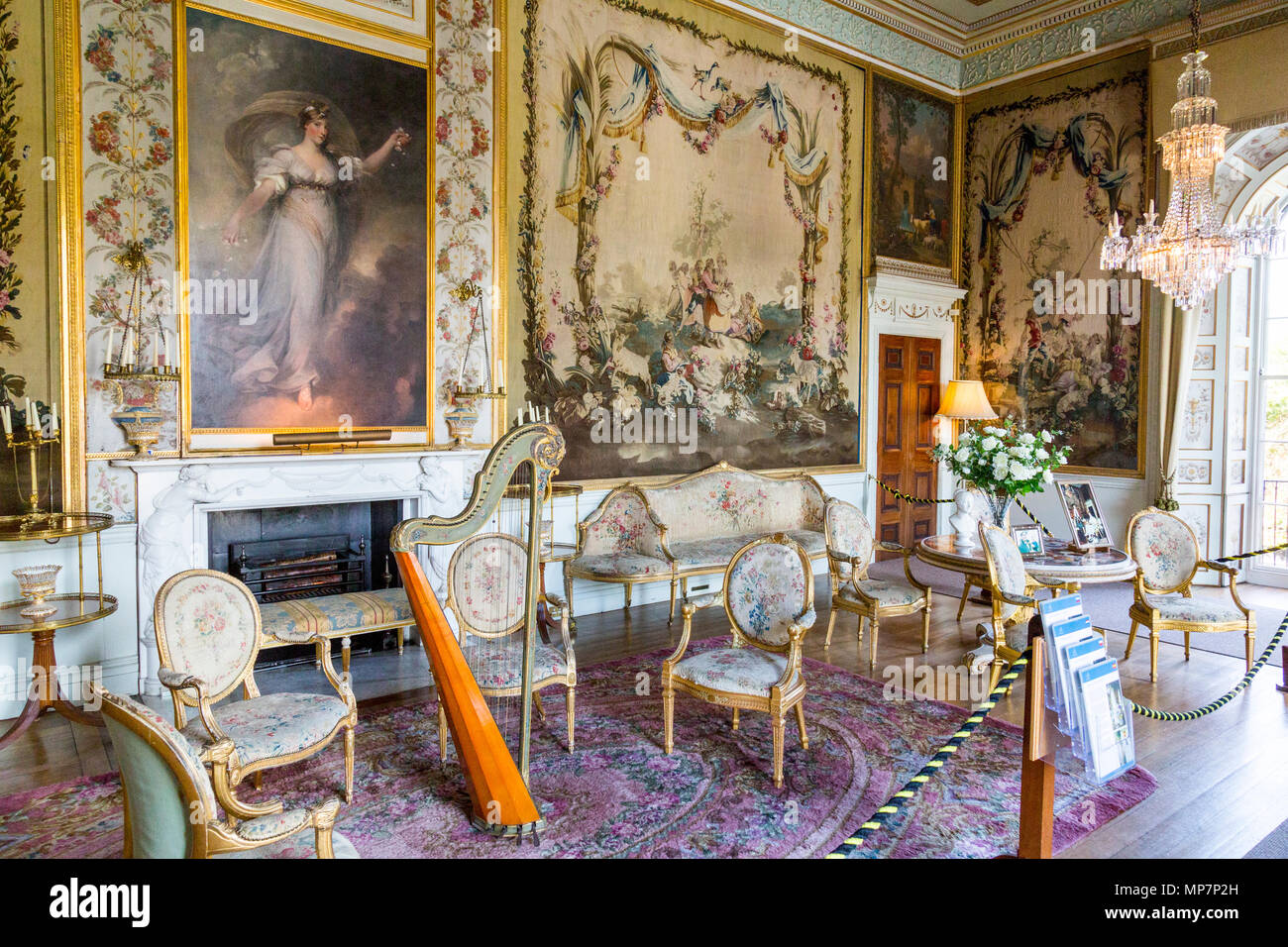 The opulent wall tapestries, gilded furniture and harp in the Tapestry Drawing Room at Inveraray Castle, Argyll & Bute, Scotland, UK Stock Photo
