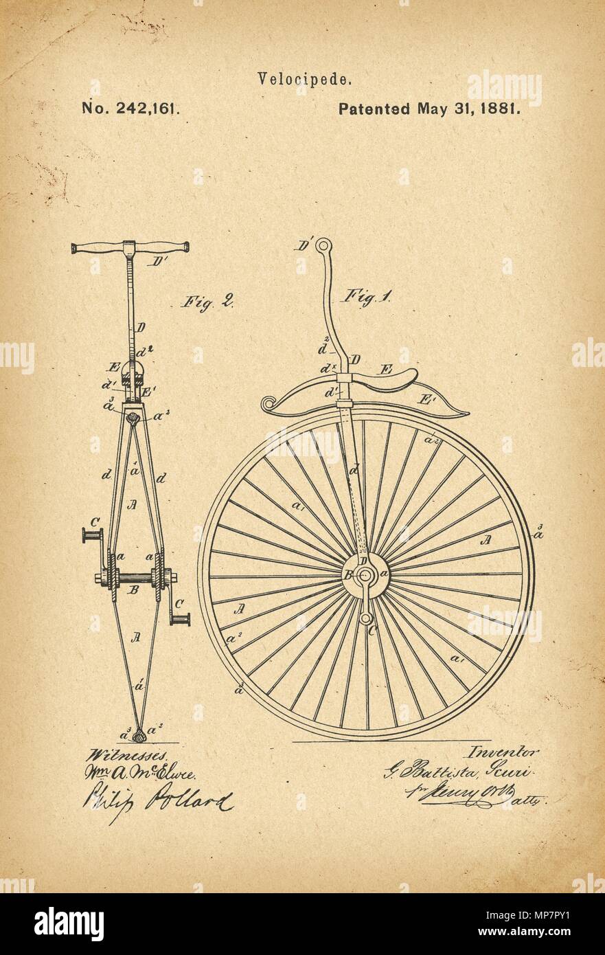 1881 Patent Velocipede Bicycle Unicycle history invention Stock Photo