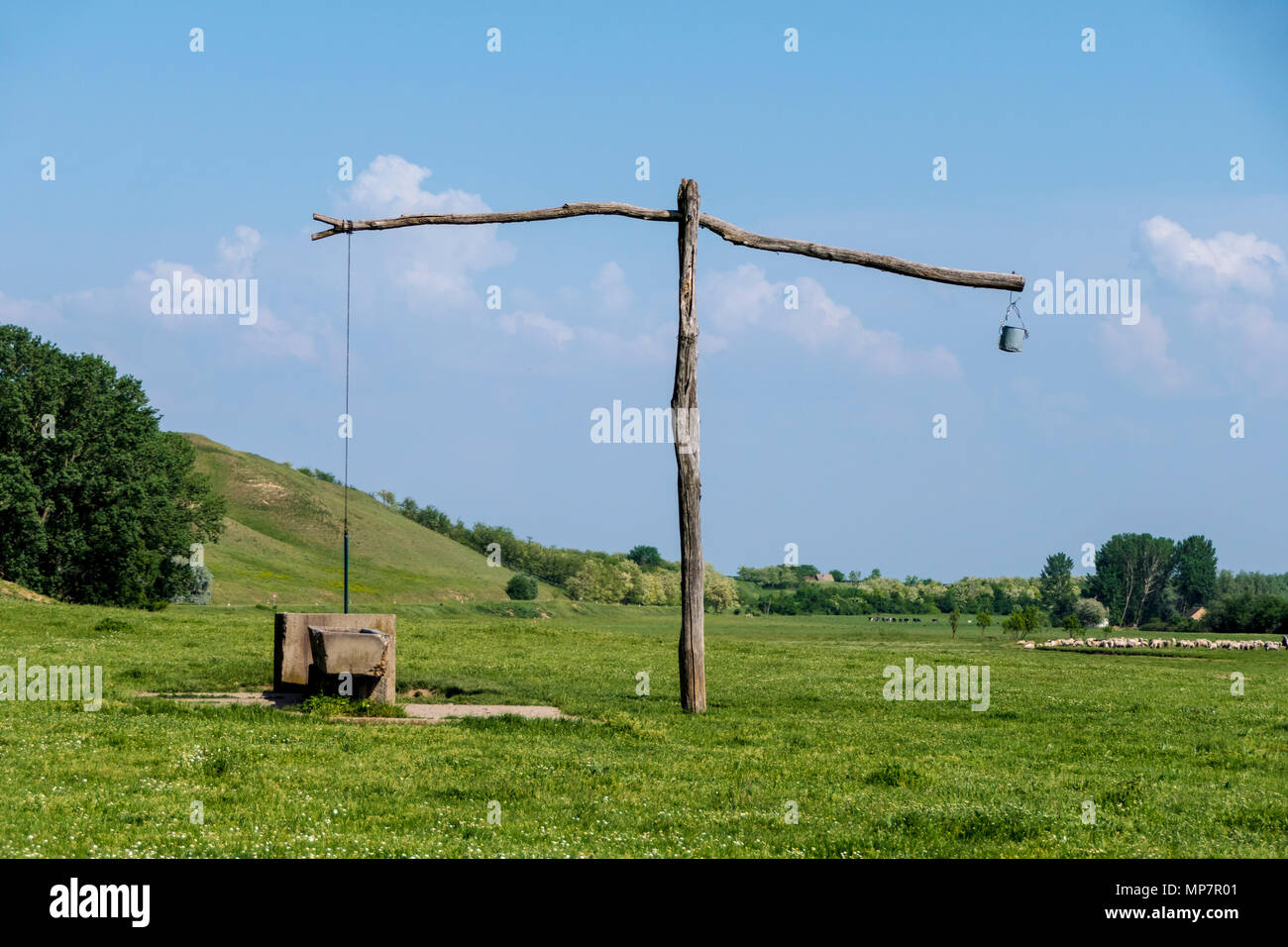 old serbian sweep well and shadoof on the green meadow Stock Photo