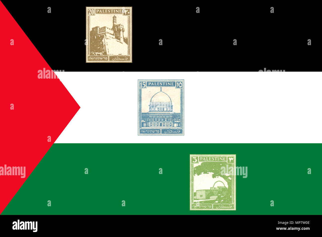 Three British Mandate Palestine stamp on Palestinian flag background