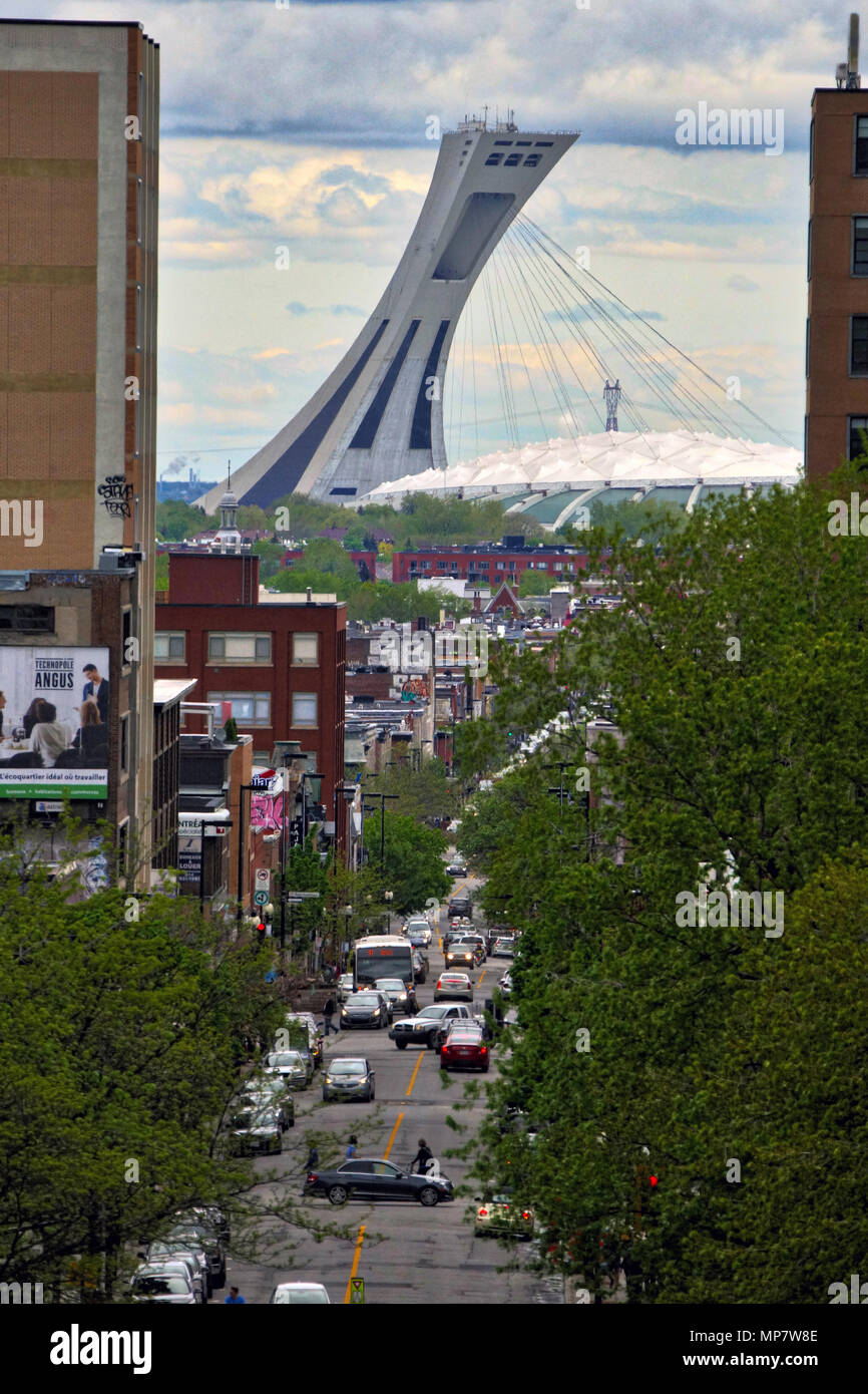 Mont-Royal street with the Olympic stadium in background..Credit:Mario Beauregard/Alamy Live News Stock Photo