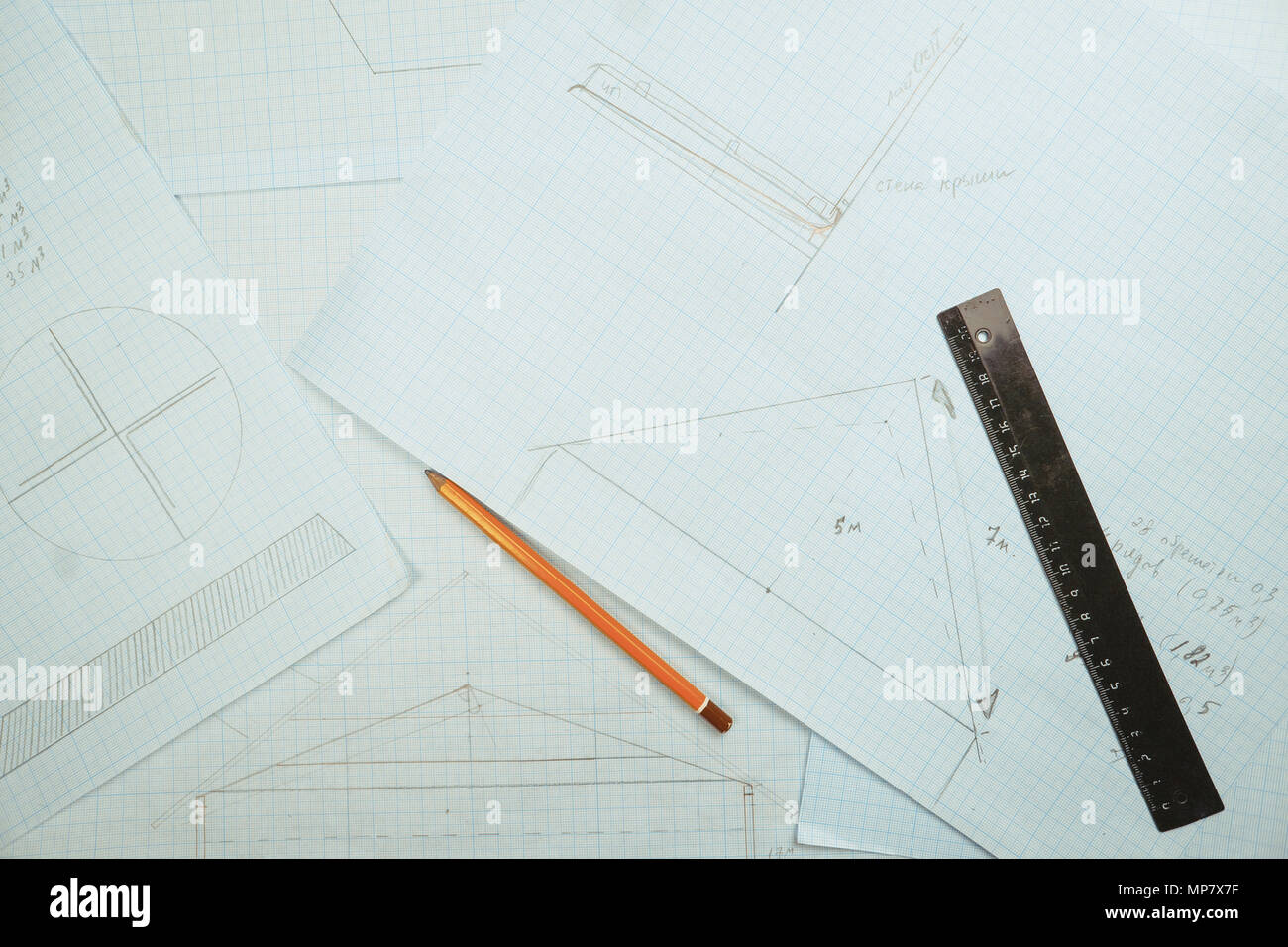 Drawing Table With Ruler the drawing is on the table. pencil and ruler Stock Photo - Alamy