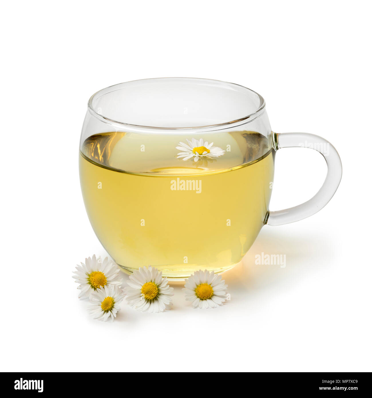 Cup of fresh healthy daisy tea decorated with flowers isolated on white background Stock Photo