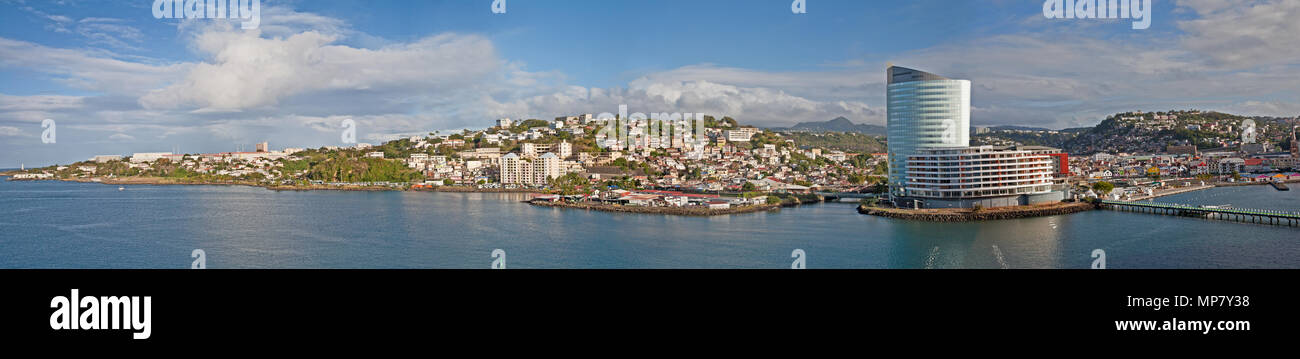 February 22, 2015- Martinique, Fort de France: View of the waterfront along the city of Fort de France with the Simon Hotel, businesses and ocean Stock Photo