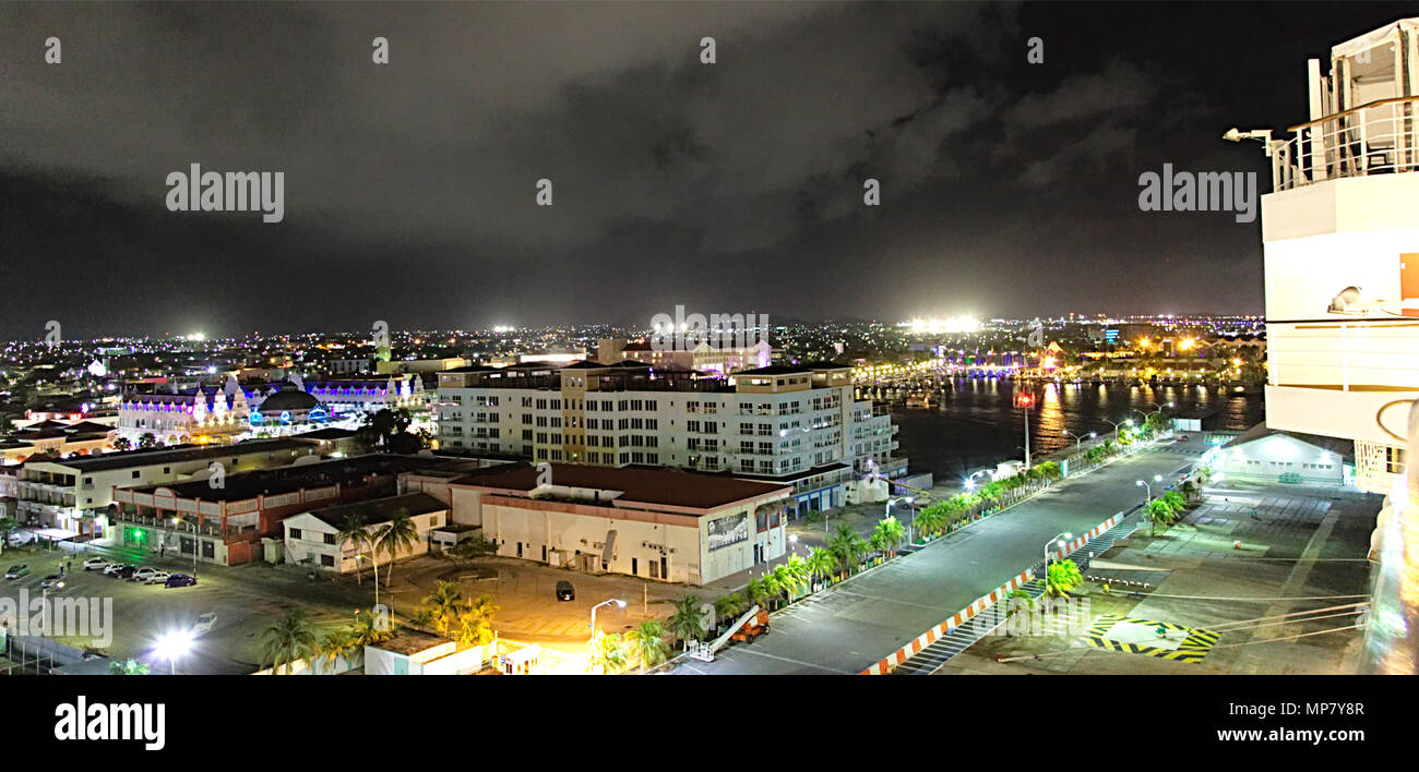 Oranjestad Aruba- February 28, 2017: downtown at night in the capital city of Aruba with lights Stock Photo