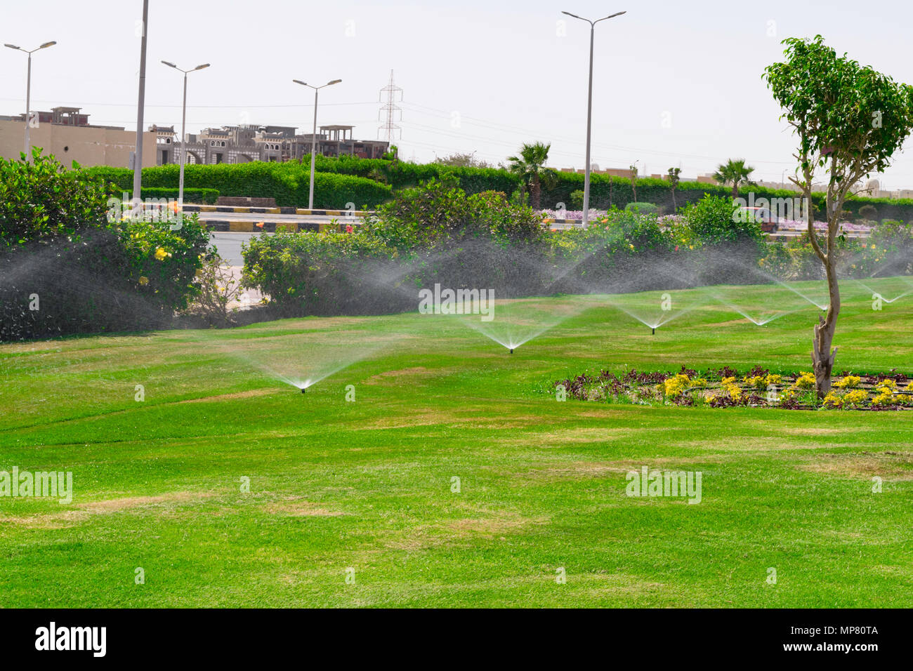 Garden Irrigation System Watering Lawn In Beautiful Garden With