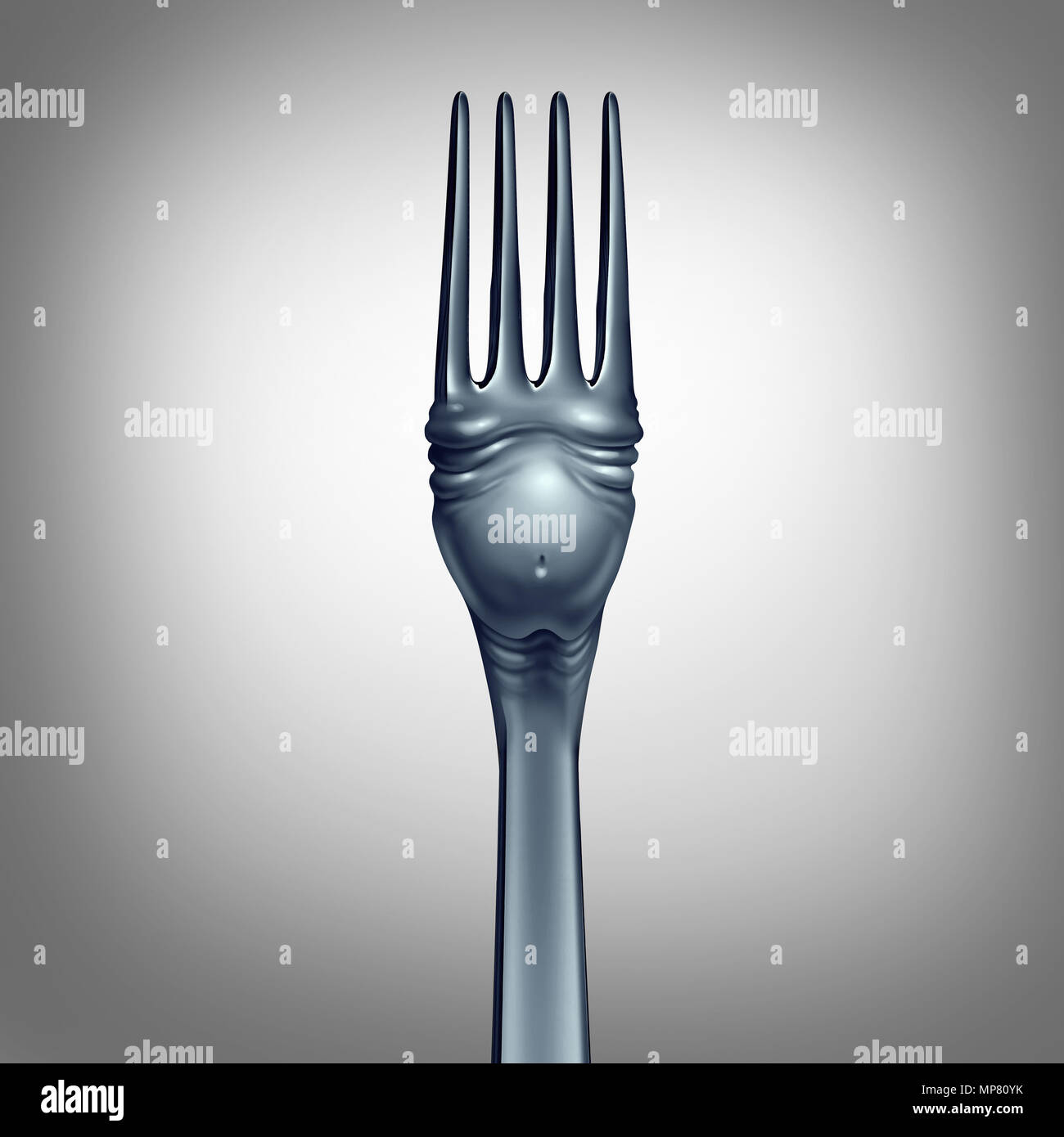 Concept of obesity and overeating symbol as a fork shaped as a fat belly body mass or overweight obese abdomen as a 3D illustration. Stock Photo