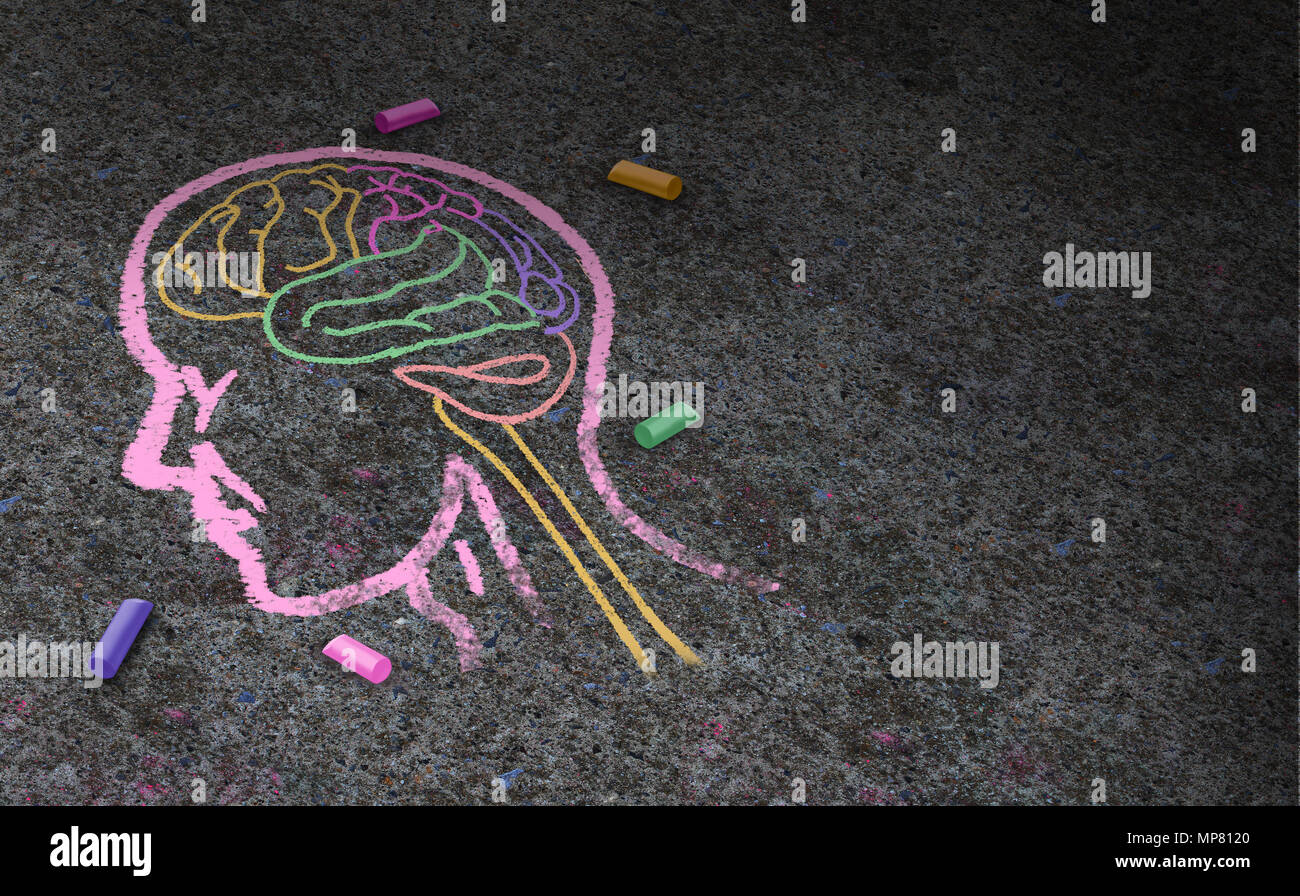 Concept of autism and autistic development disorder as a symbol of a communication and social psychology as a chalk drawing on asphalt in a 3 Stock Photo