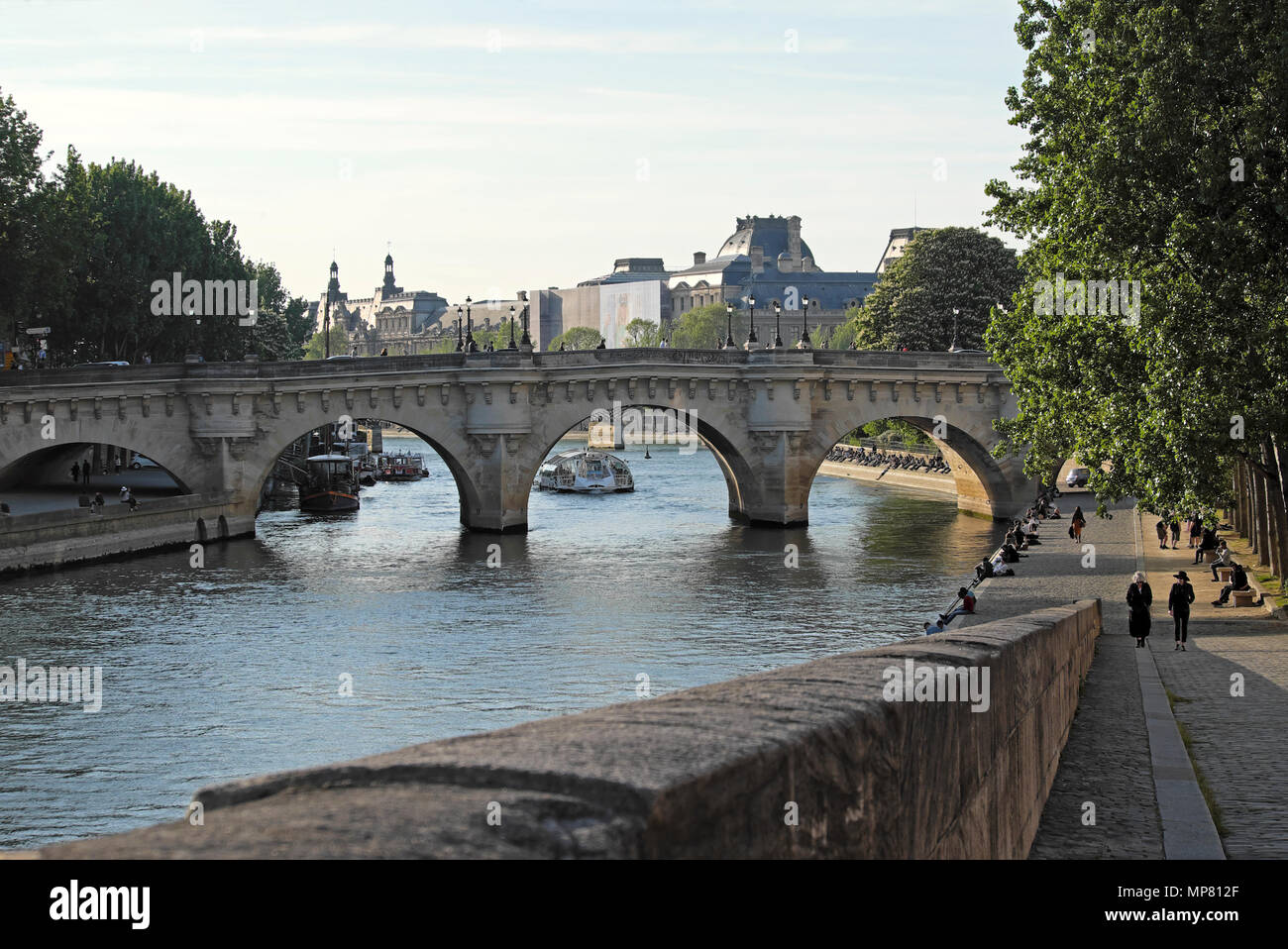 View of bridge along the Left Bank of the River Seine in Paris spring