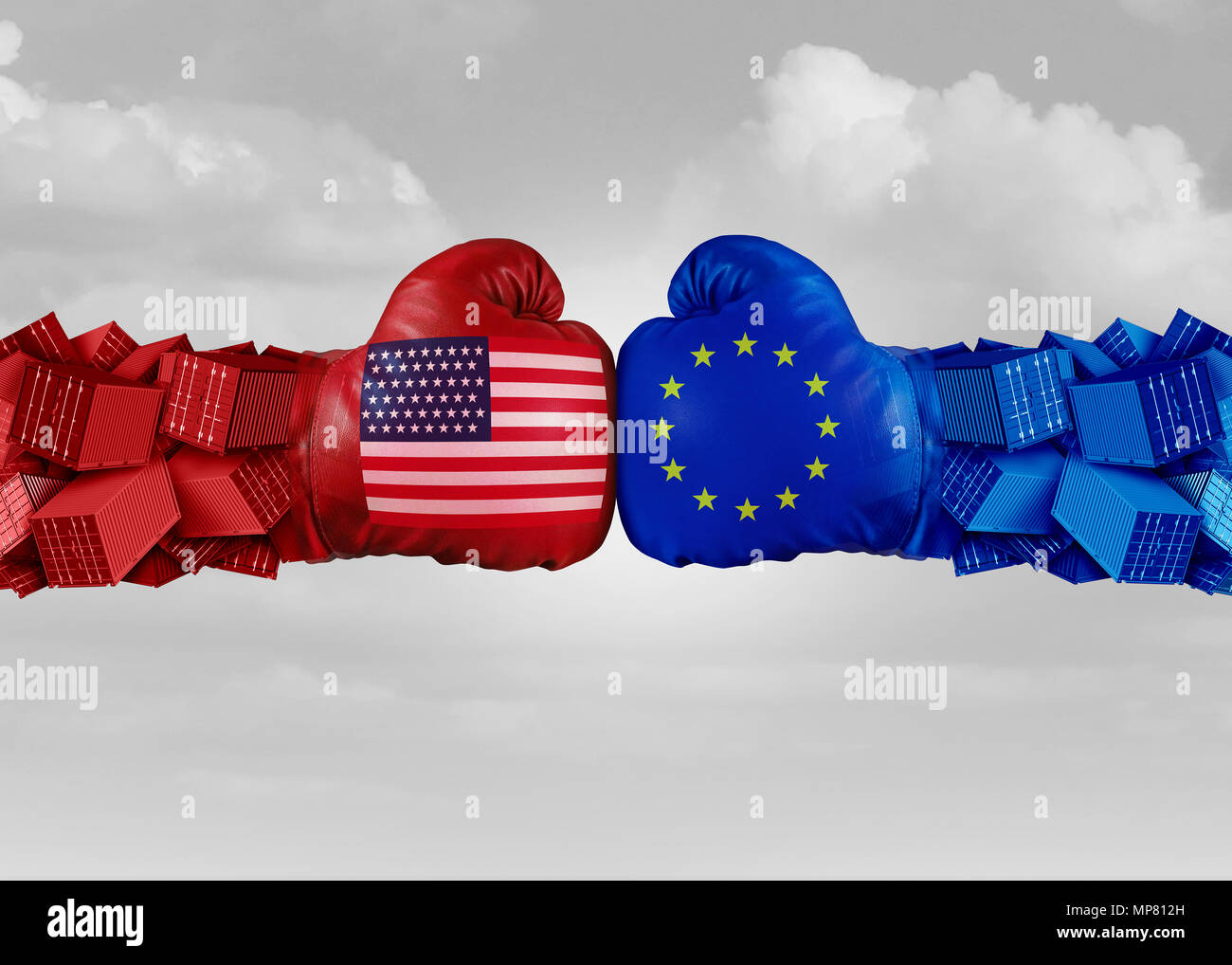 Europe USA trade fight and economic war with American tariffs as two opposing fist freight containers in European Union as an economy dispute. Stock Photo