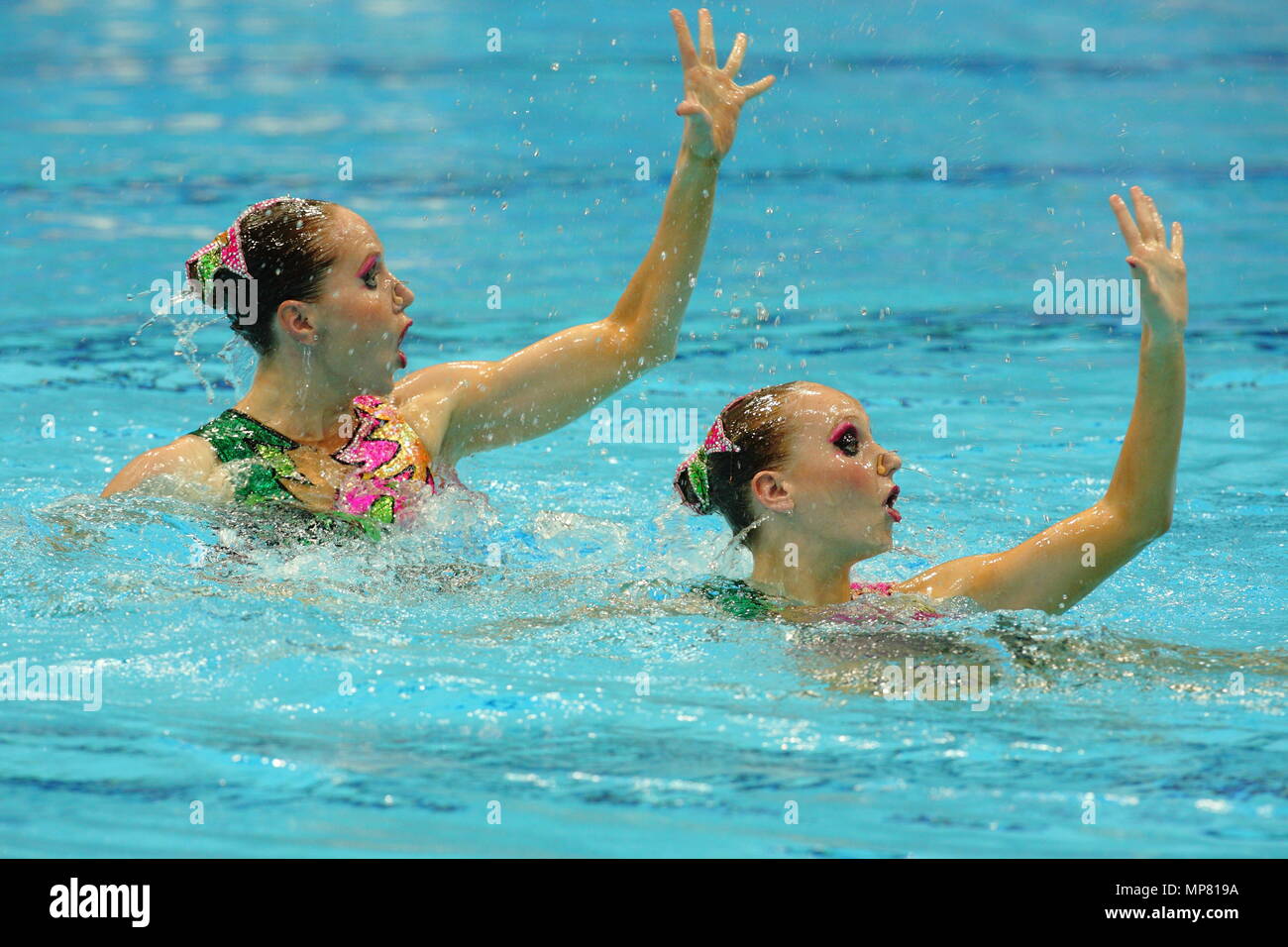 The Duets Team from Israel GLOUSHKOV Anastasia and YOFFE Inna during the Free Routine of the Fina Synchronised Swimming event at the Aquatic Centre London Olympic Park 22 April 2012 --- Image by © Paul Cunningham Stock Photo