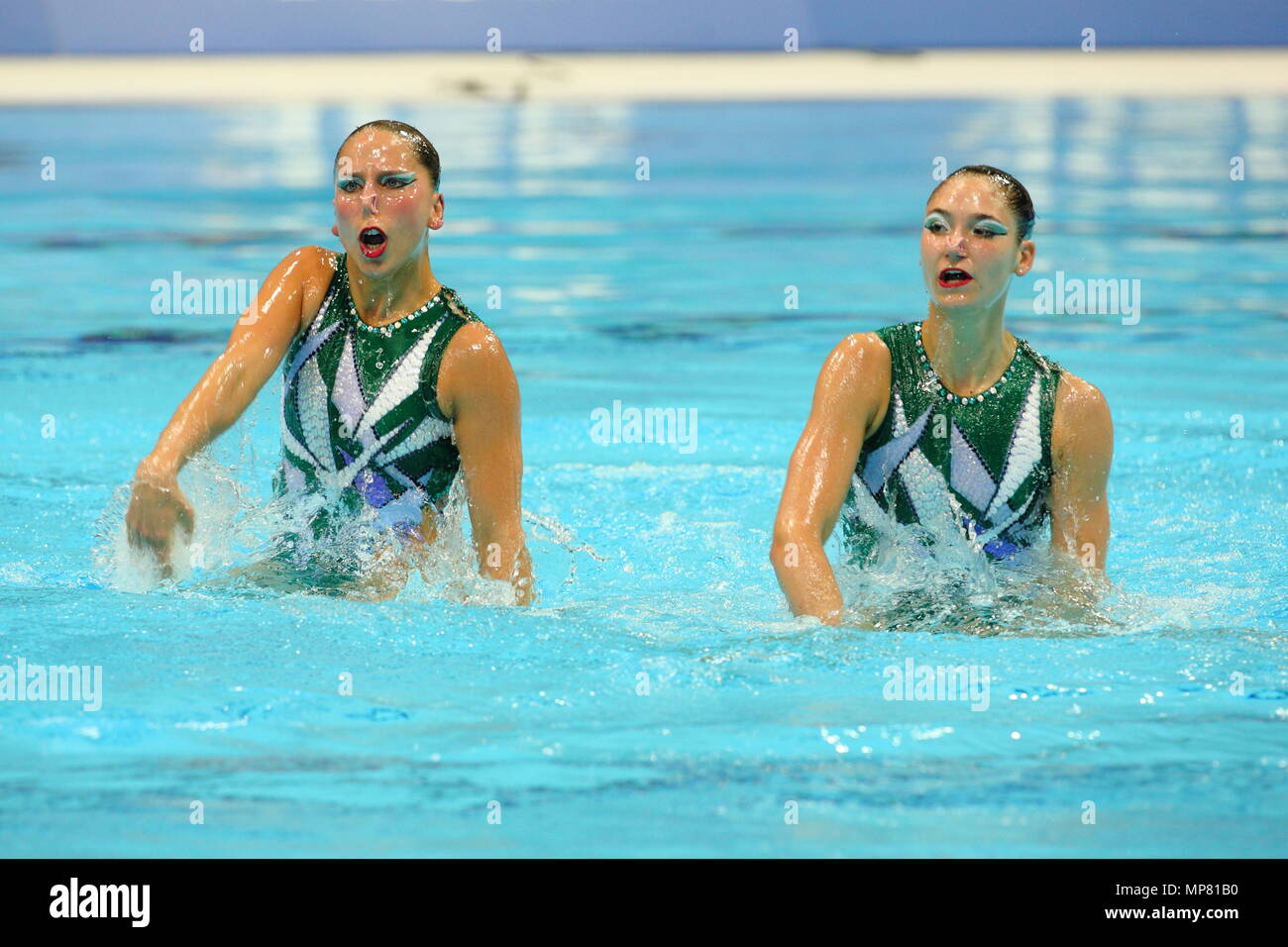 The Duets Team from Switzerland FISCHER Pamela  and NYFFELER Anja during the Free Routine of the Fina Synchronised Swimming event at the Aquatic Centre London Olympic Park 22 April 2012 --- Image by © Paul Cunningham Stock Photo