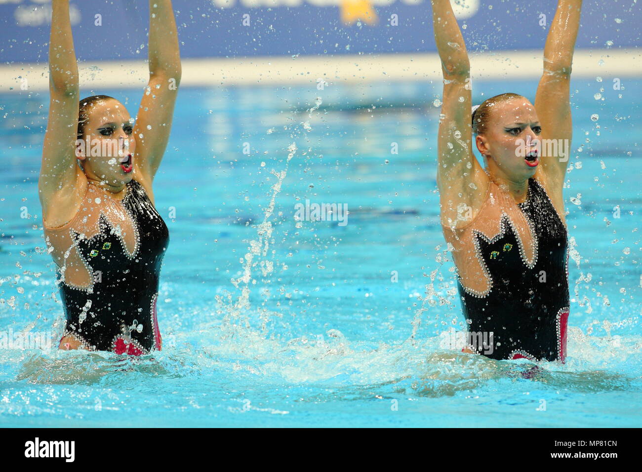 The Duets Team from Austria BRANDL Nadine and LANG Livia during the Free Routine of the Fina Synchronised Swimming event at the Aquatic Centre London Olympic Park 22 April 2012 --- Image by © Paul Cunningham Stock Photo