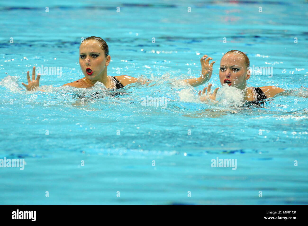 The Duets Team from Austria BRANDL Nadine and LANG Livia during the Free Routine of the Fina Synchronised Swimming event at the Aquatic Centre London Olympic Park 22 April 2012 --- Image by © Paul Cunningham Stock Photo