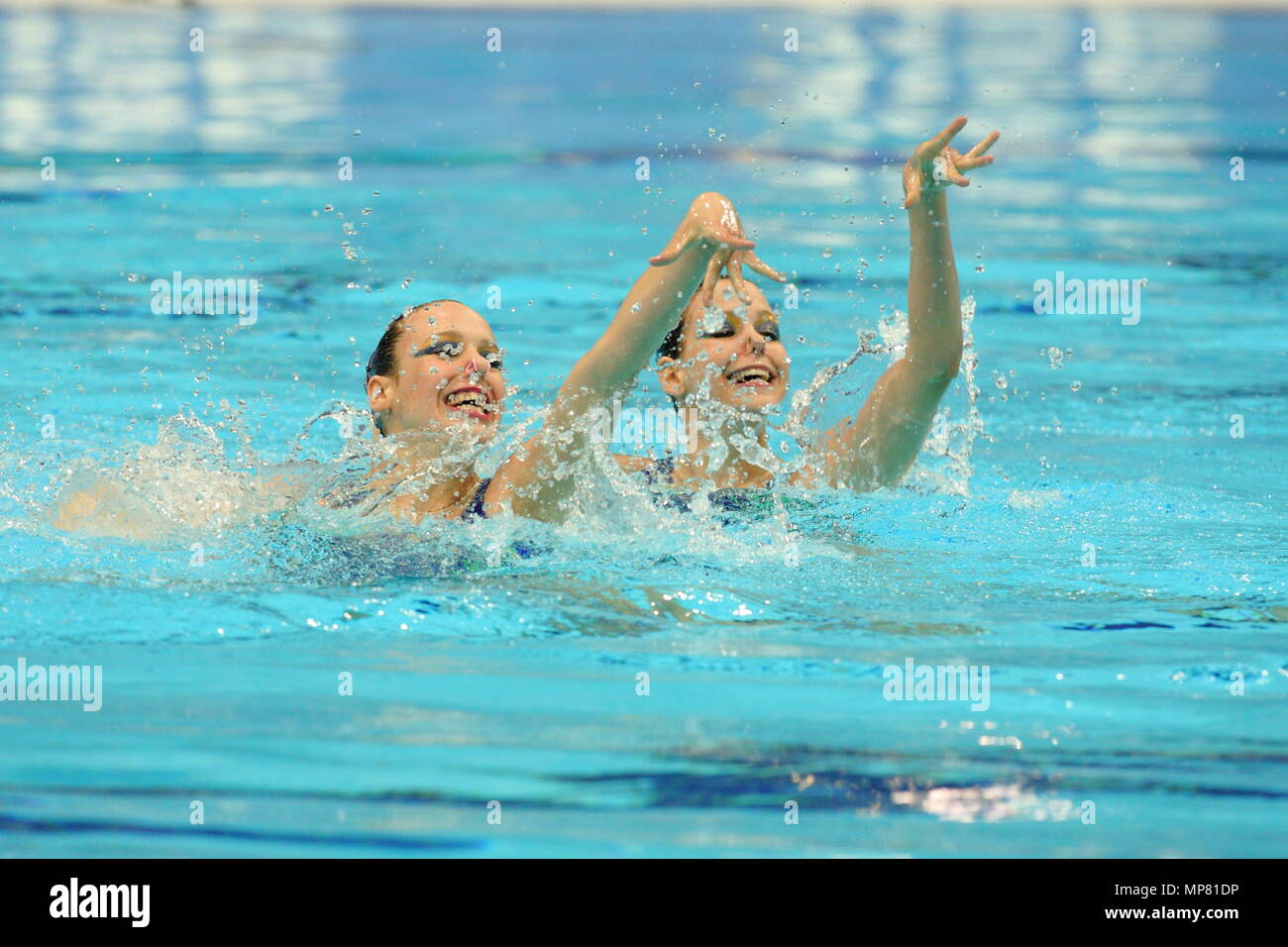 The Duets Team from Hungary CZEKUS Eszter and KISS Szofi during the Free Routine of the Fina Synchronised Swimming event at the Aquatic Centre London Olympic Park 22 April 2012 --- Image by © Paul Cunningham Stock Photo