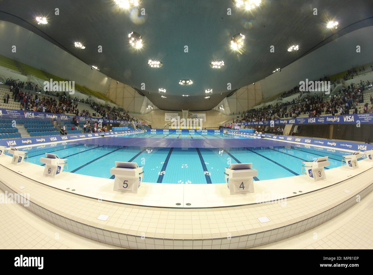 The Aquatic Centre during the Fina Synchronised Swimming events at the London Olympic Park 22 April 2012 --- Image by © Paul Cunningham Stock Photo