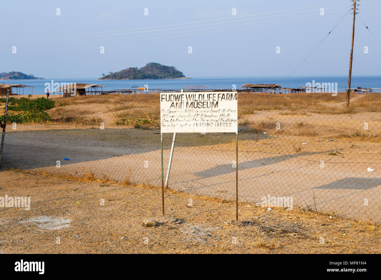 Sign for Fudwe Wildlife Farm and Museum, alocal attraction and place of interest on the coast of Likoma Island, Lake Malawi, Malawi, south-east Africa Stock Photo