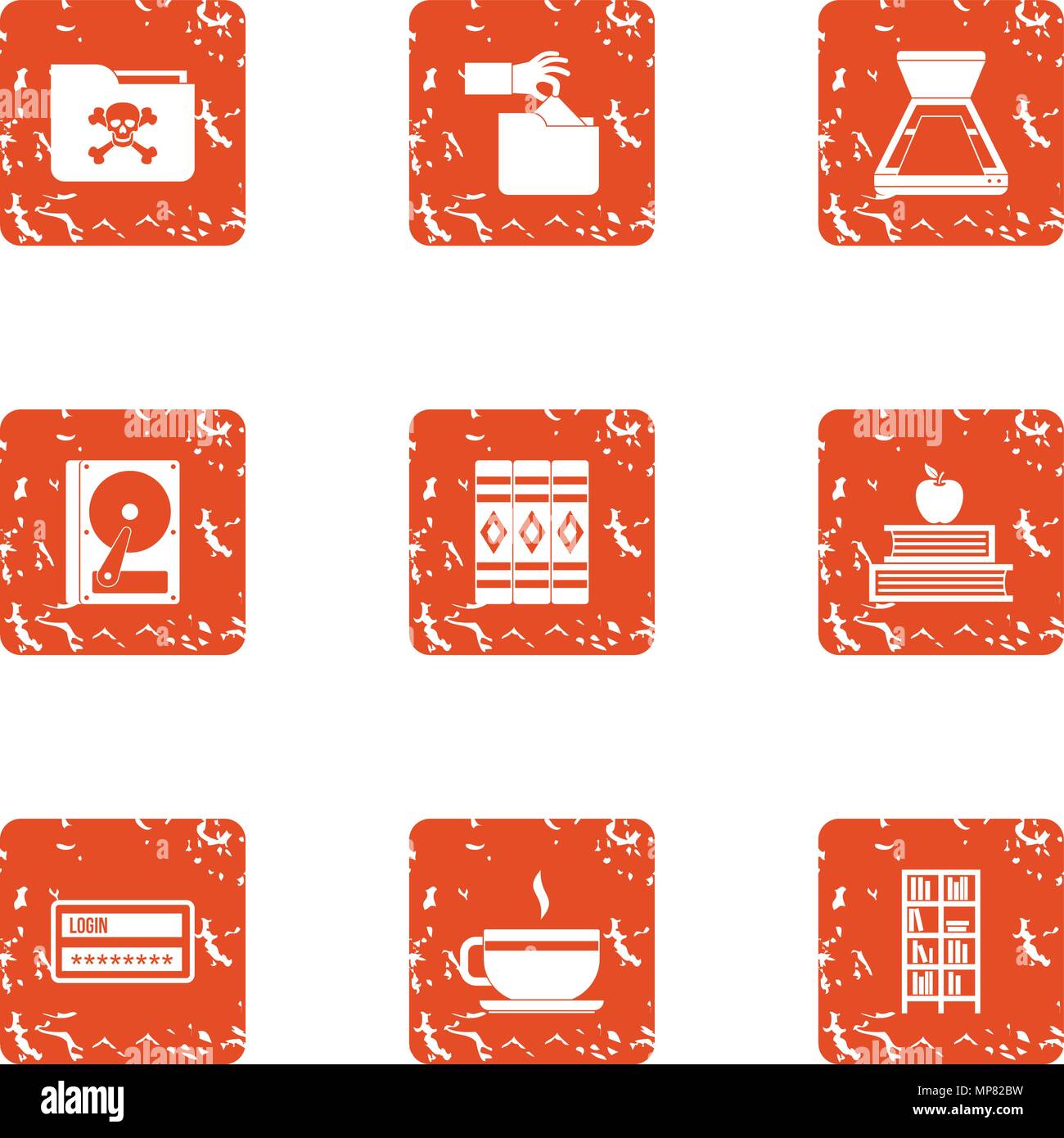 Dangerous data icons set, grunge style Stock Vector