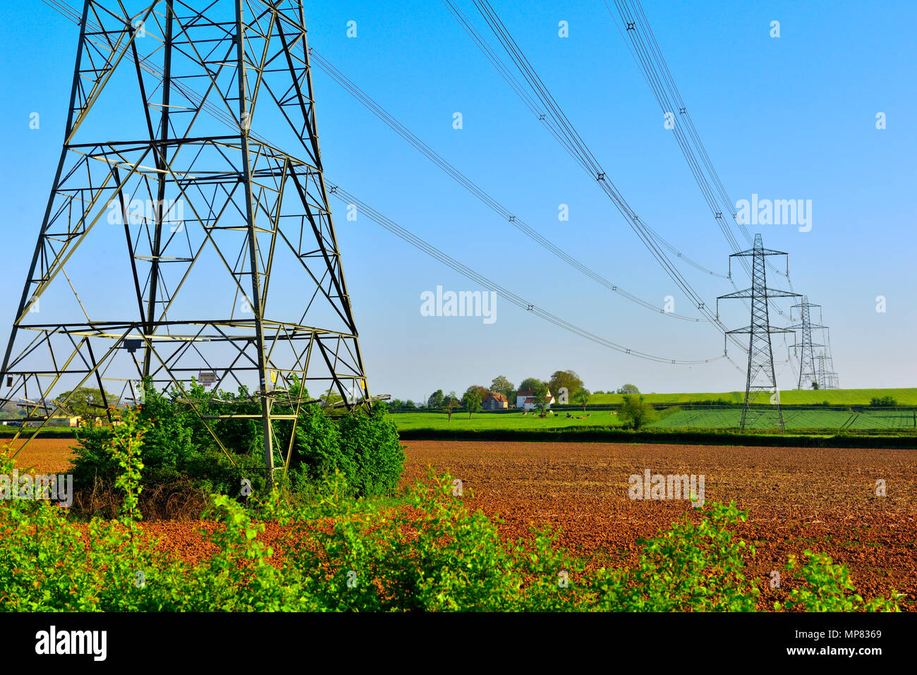 Electricity pylons crossing the South Gloucestershire countryside, England Stock Photo