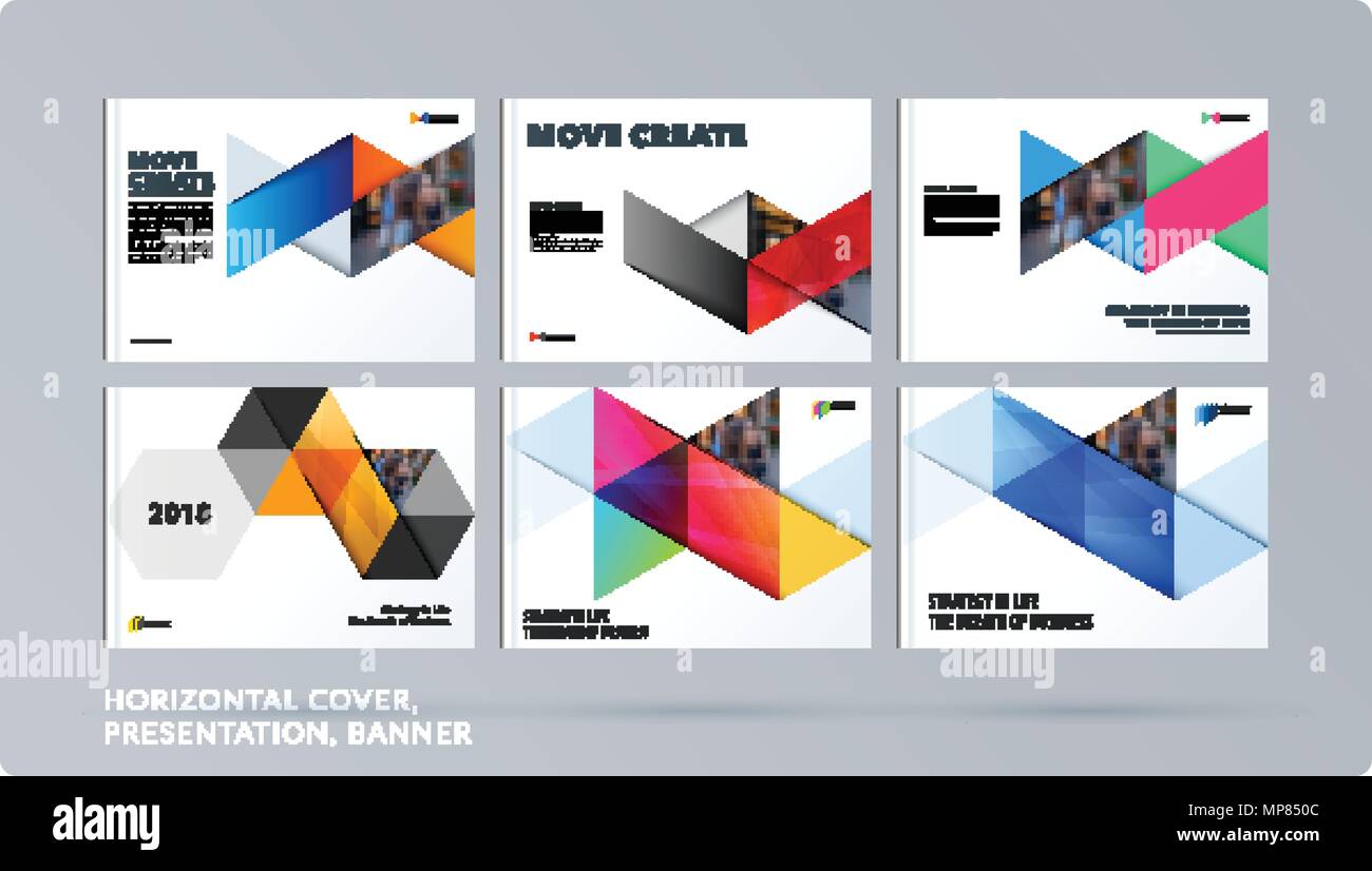 Triangular design presentation template with colourful rectangles shadows. Abstract vector set of modern horizontal banners Stock Vector