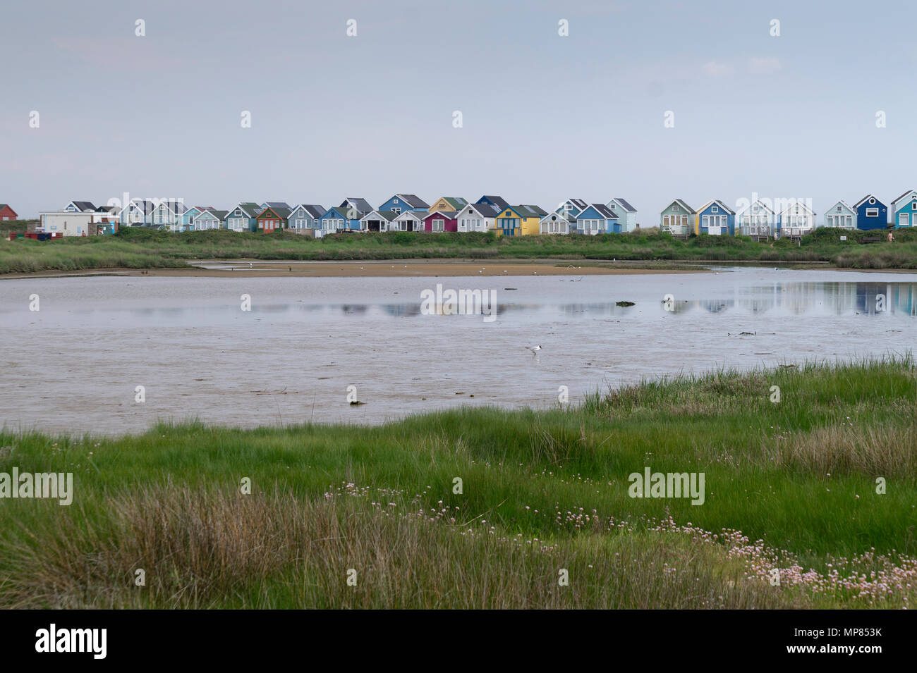 The Harbour facing beach huts viewed from across Holloway's Dock. Stock Photo