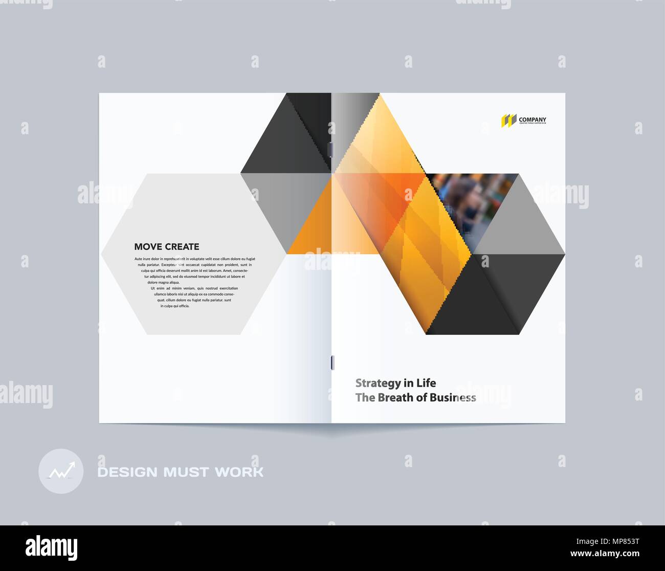 Abstract double-page brochure design hexagon style with colourful triangles for branding. Business vector presentation broadside. Stock Vector