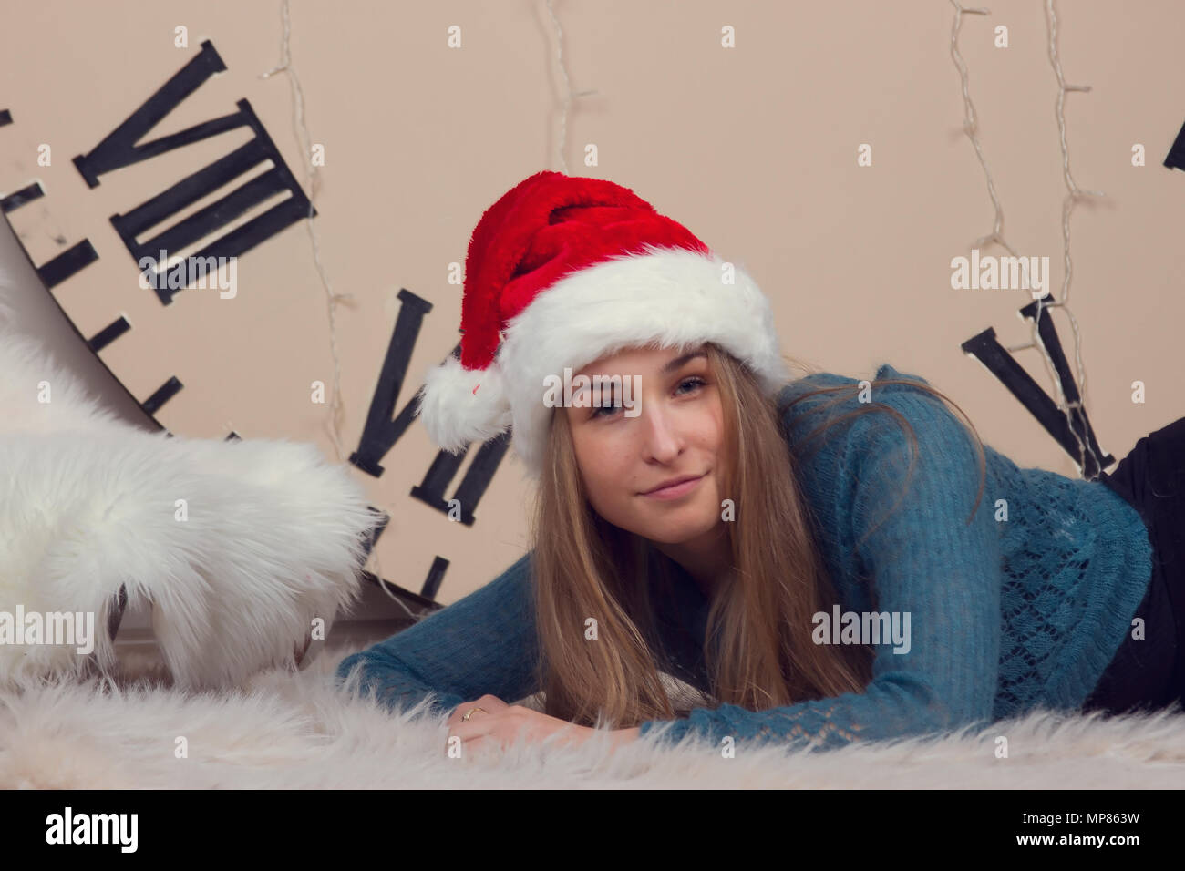 beautiful girl on clocks background lunch time Stock Photo - Alamy
