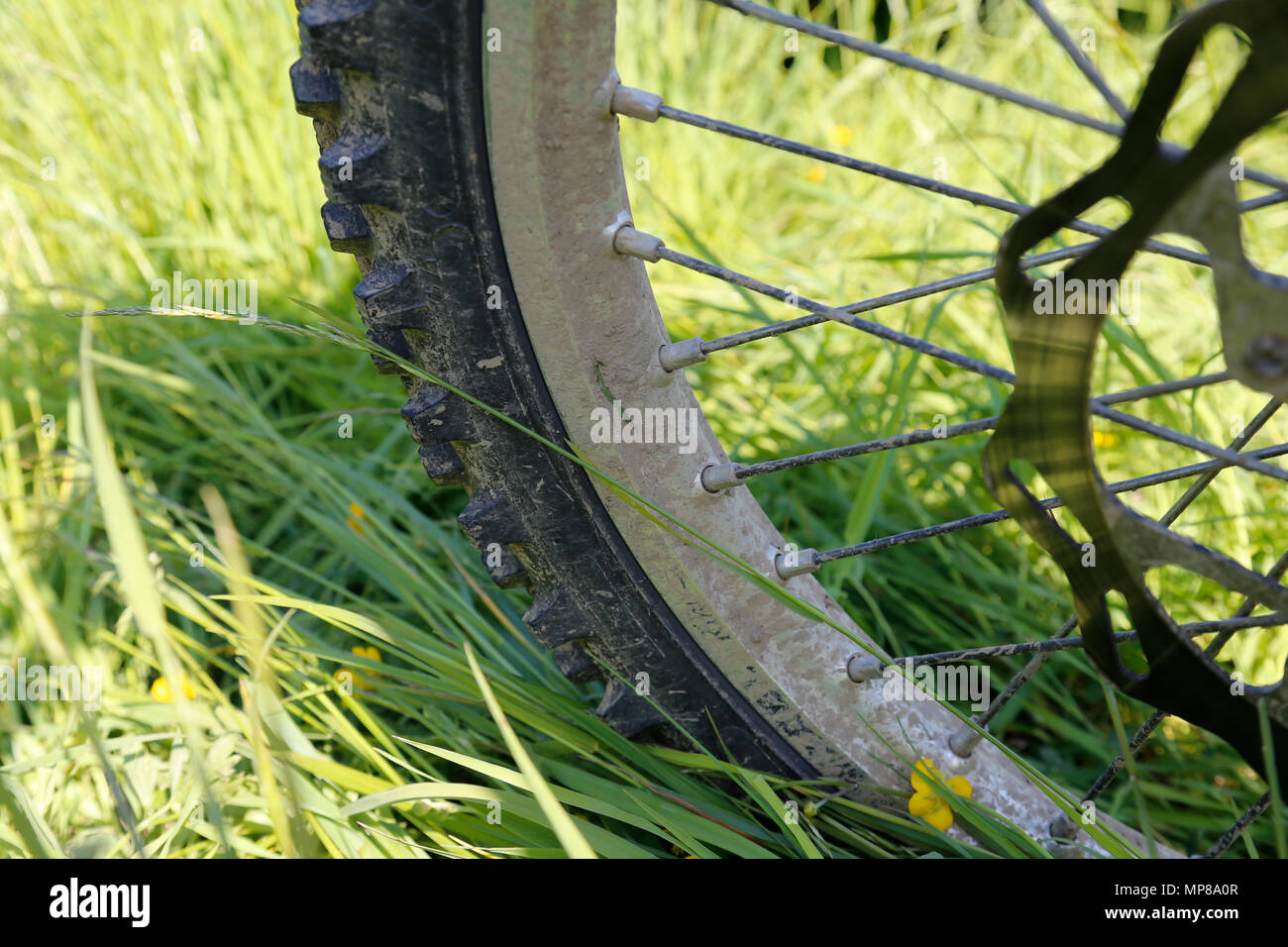 Closeup of motocross motorbike wheel Stock Photo