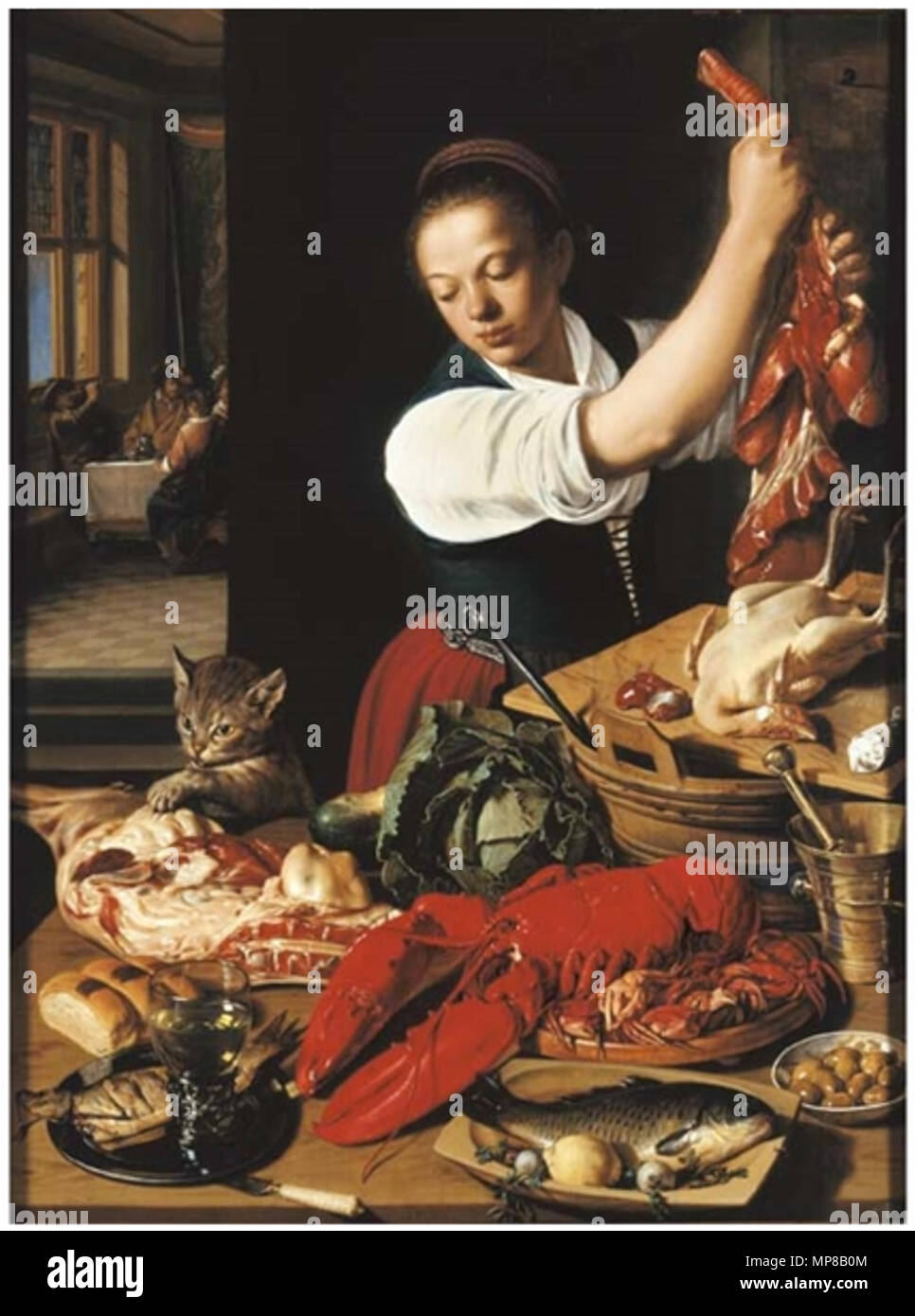 English A kitchen interior with a maid preparing meat and gentlemen