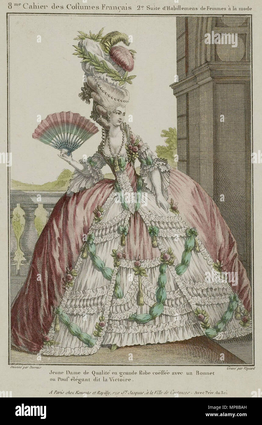 Jeune dame de Qualité en grande Robe coëffée avec un Bonnet ou Pouf élégant  dit la Victoire. Paris, 1778 . 1778. Voysant After Claude-Louis Desrais  (1746–1816) Alternative names Claude Louis Desrais;