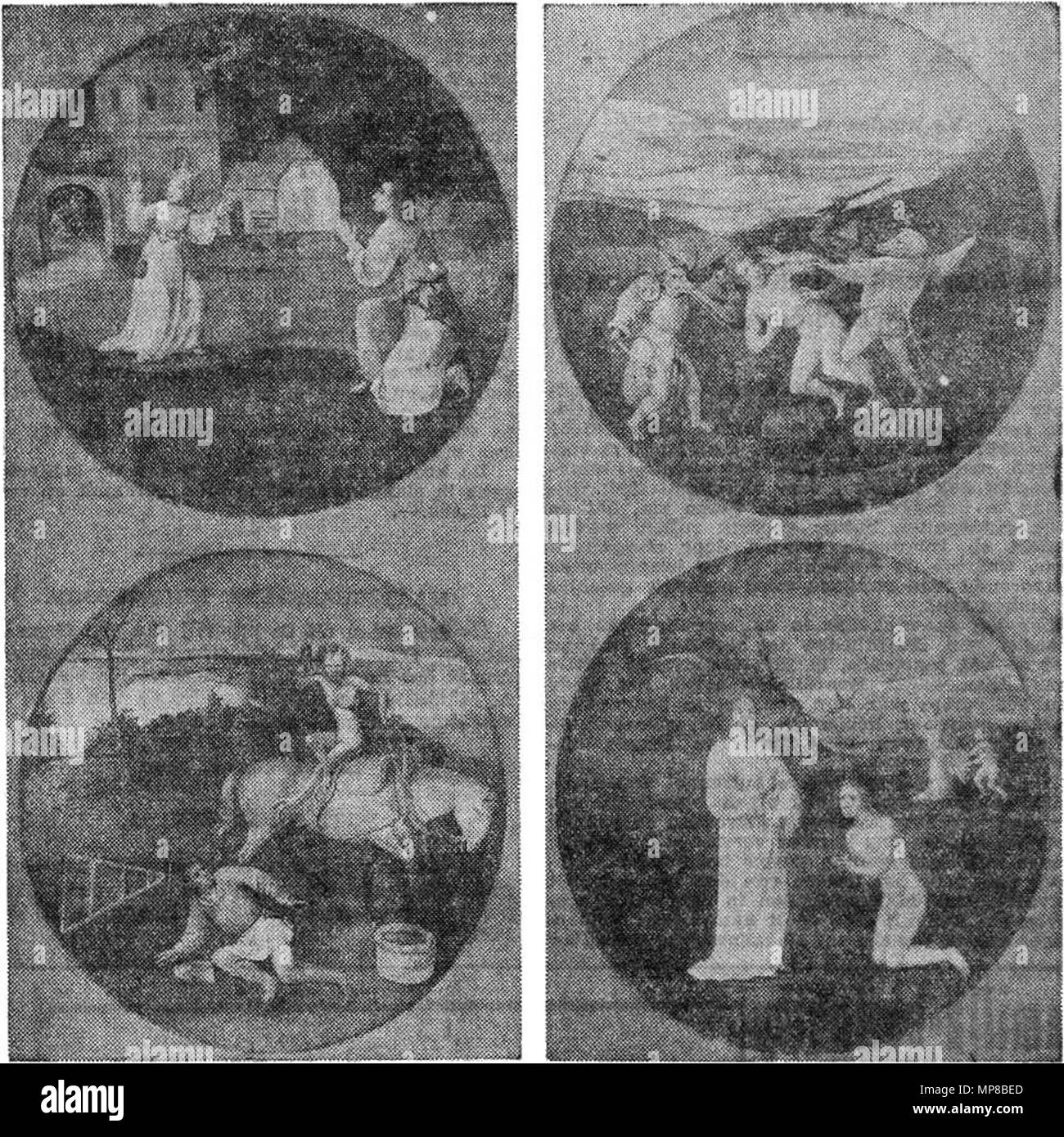 Medallions with Symbolic-Religious Representations. Fragments (exterior) of a triptych. See Jeroen Bosch De Zondvloed Binnenzijde for the interior. Between 1508 and 1516.   719 Jheronimus Bosch 010 exterior 02 black and white version 01 Stock Photo