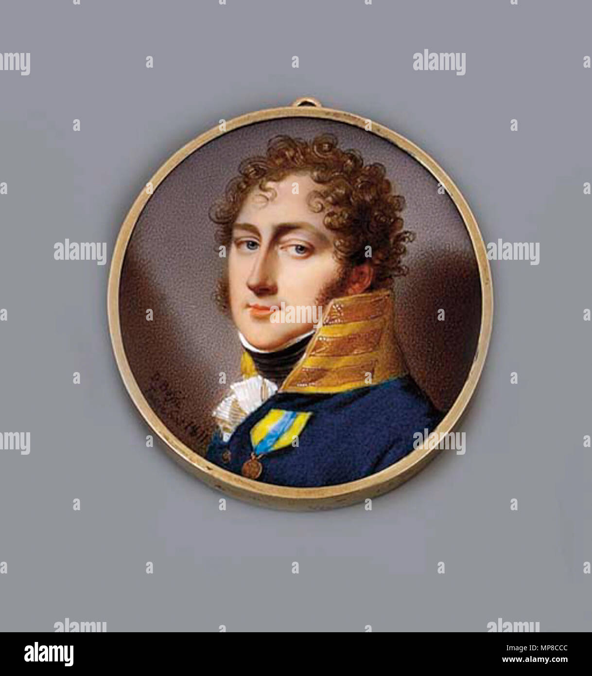 . Count Johan Otto Wrangel af Sauss (1777-1847), facing left in blue uniform with gold-figured yellow collar, pleated white lace jabot and black stock, light brown curly hair, wearing the badge of the Royal Swedish Campaign medal . 1811.   723 Johan Otto Wrangel af Sauss by D.Bossi Stock Photo