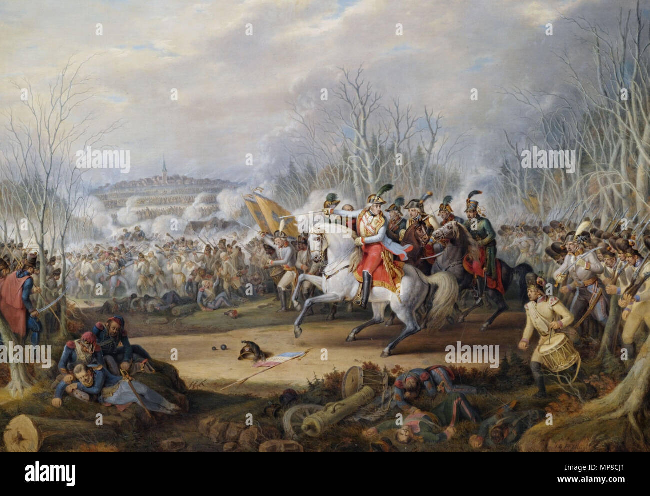 . Schlachtenszene aus den Napoleonischen Kriegen. Öl auf Holz, unten rechts signiert und datiert 1844, rückseitig auf der Tafel auf mehreren alten Etiketten bezeichnet 'Biberach'. 55 x 77 cm. Provenienz: Sammlung Gert Nagel . 1844.   723 Johann Baptist Pflug Schlachtenszene aus den Napoleonischen Kriegen Stock Photo