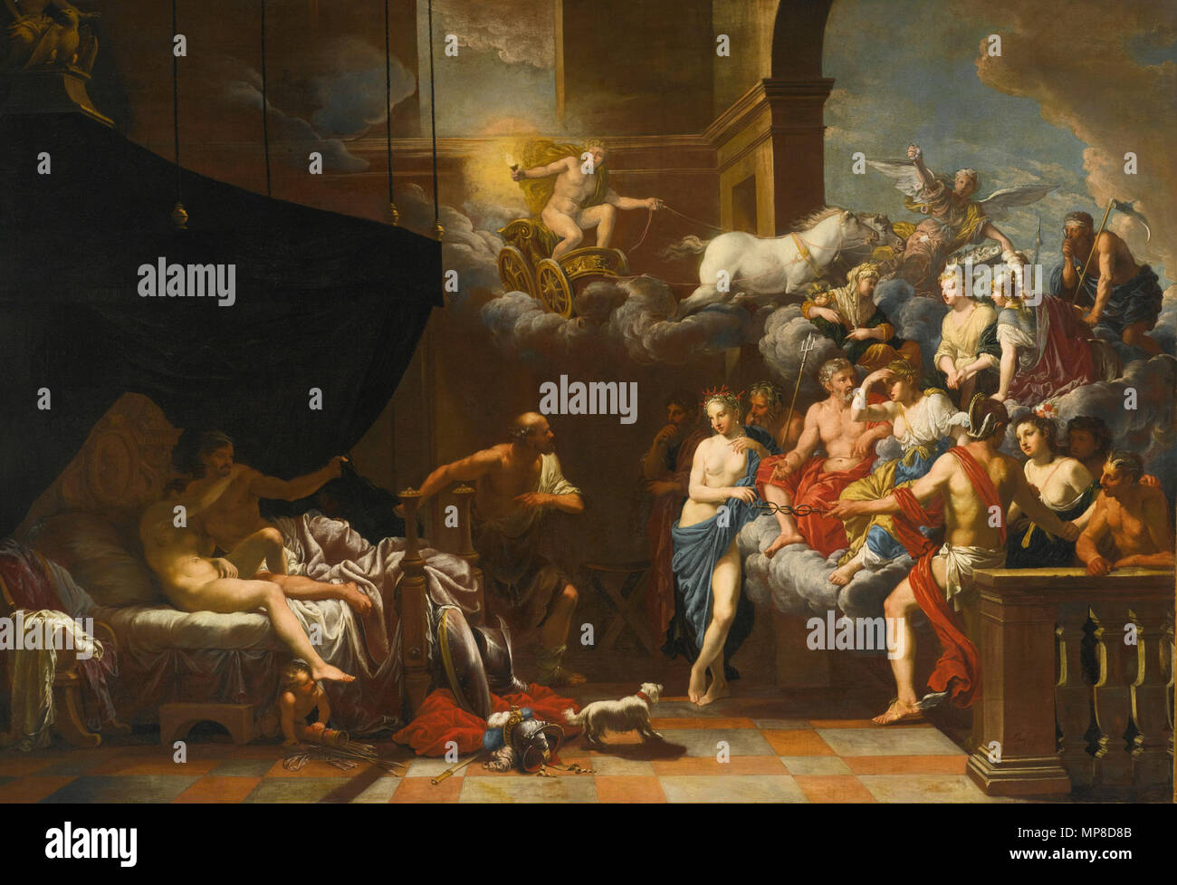 . English: JOHANN HEISS, MEMMINGEN 1640 - 1704 AUGSBURG, VULCAN SURPRISING VENUS AND MARS IN BED BEFORE AN ASSEMBLY OF THE GODS, signed and dated lower right on balustrade: JHeiss 1679, oil on canvas, 134.9 by 196.9 cm. 25 January 2013, 16:16:44. Johann Heiss (1640-1704) 726 JOHANN HEISS VULCAN SURPRISING VENUS AND MARS Stock Photo