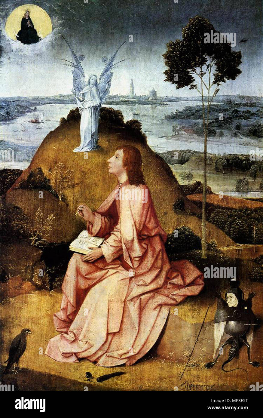 Saint John the Evangelist on Patmos. Alternative title(s): Saint John on Patmos.[1] St. John on Patmos.[2]. Front of a two-sided painting. For the reverse, see File:Jheronimus Bosch Scenes from the Passion (full).jpg. circa 1489.   729 Johannes op Patmos Jeroen Bosch Stock Photo