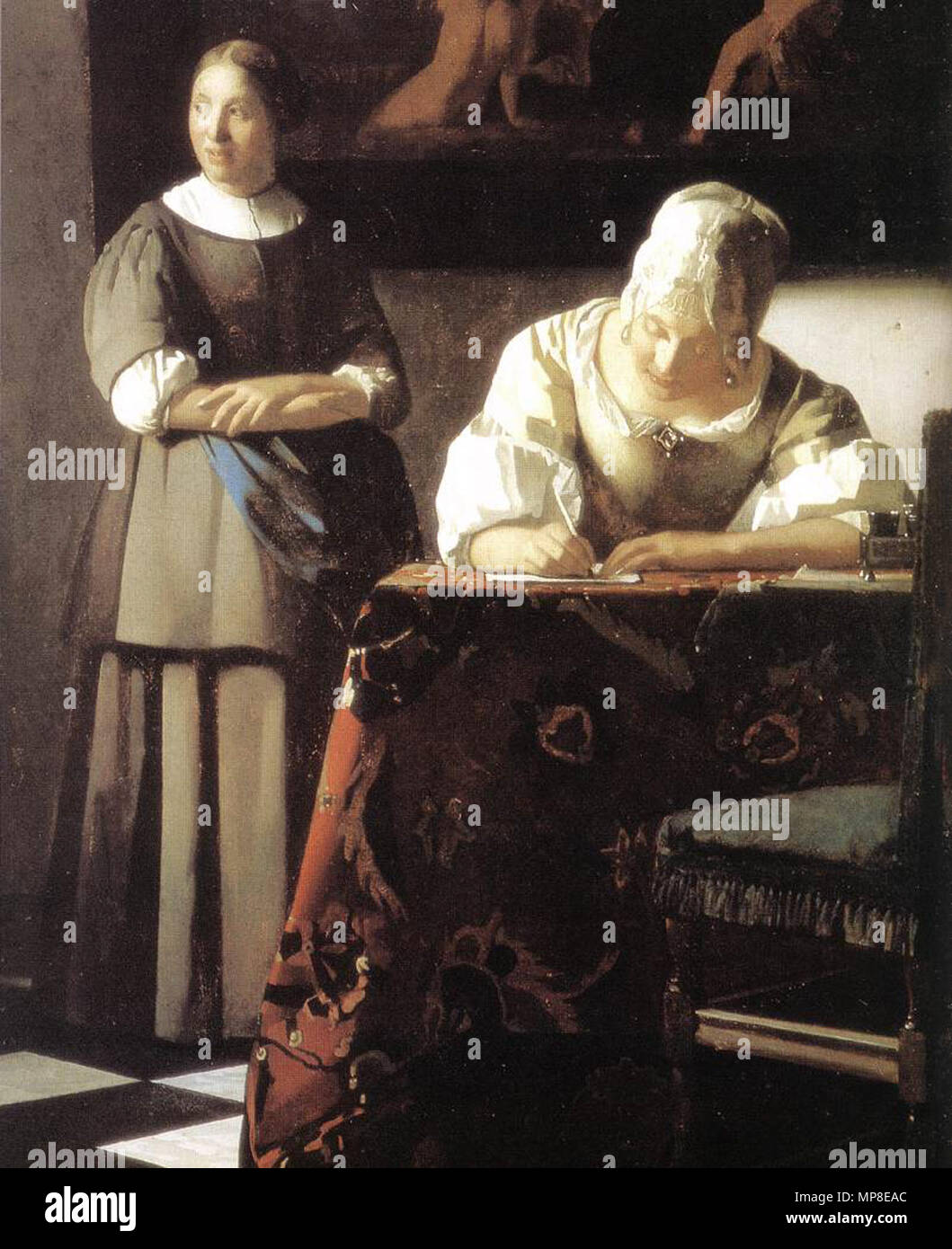 Lady Writing a Letter with Her Maid (detail)  circa 1670.   730 Johannes Vermeer - Lady Writing a Letter with Her Maid (detail) - WGA24698 Stock Photo