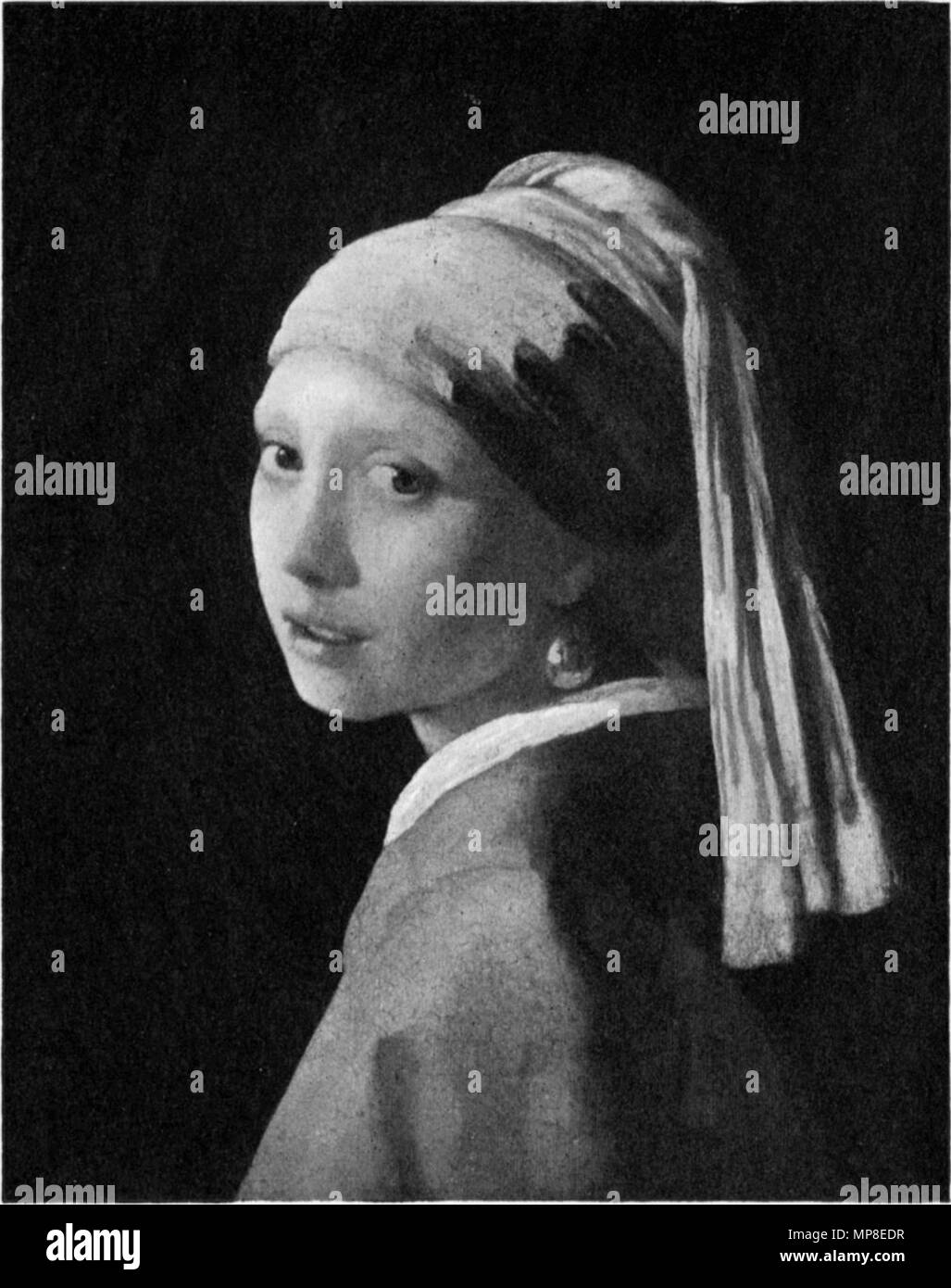 The Girl with a Pearl Earring. Alternative title(s): Head of a girl [old title].[1]  circa 1665 (1660-1670).   730 Johannes Vermeer 007 black and white 01 Stock Photo