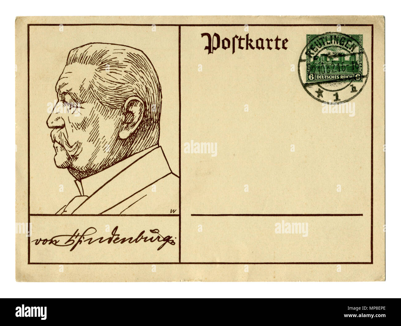 Old German postal card / postcard: painted profile of Paul von Hindenburg with his autograph, postage stamp Tannenberg, postmark,1932, Germany, Weimar Stock Photo
