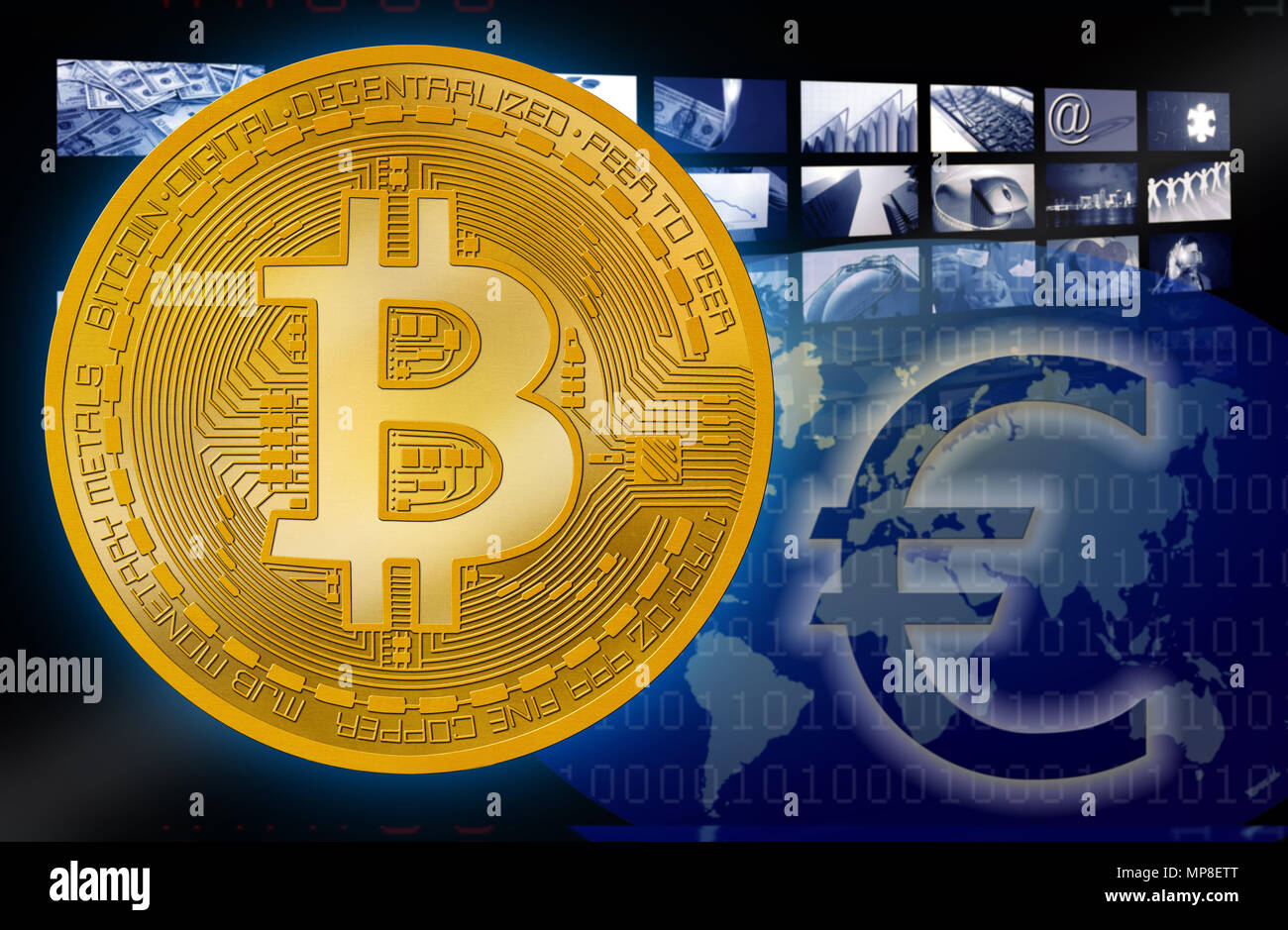 Bitcoin BTC against Euro symbol cryptocurrency background of my own copyright Stock Photo