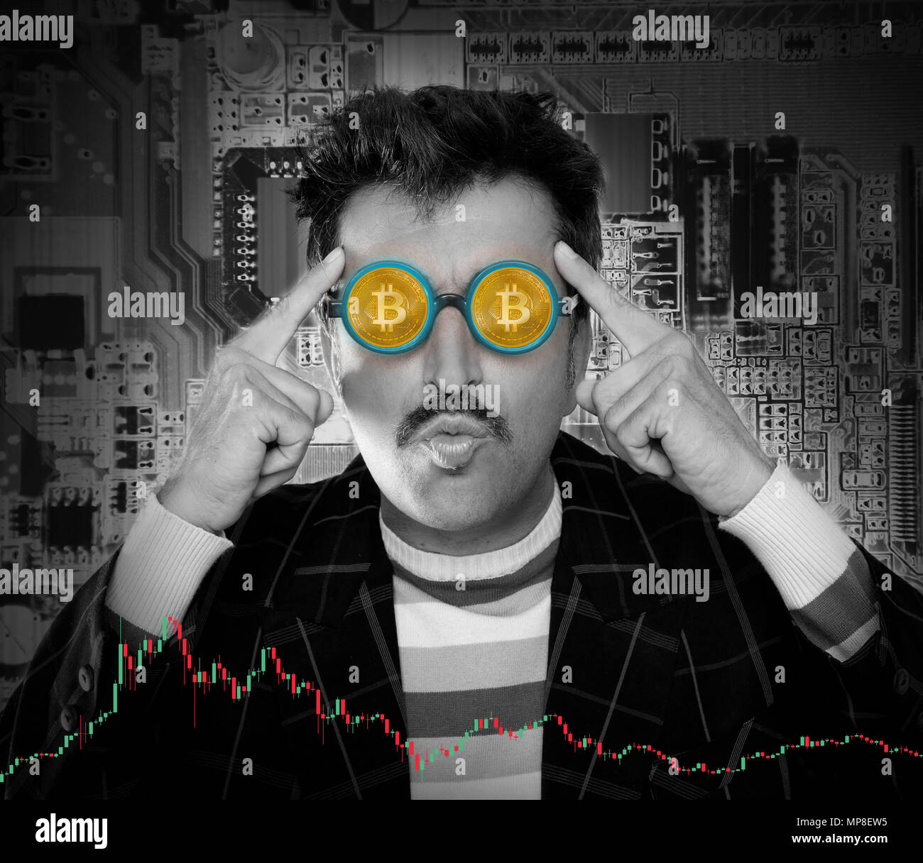 Funny nerd hacker with Bitcoin BTC mining engineer on circuit background Stock Photo