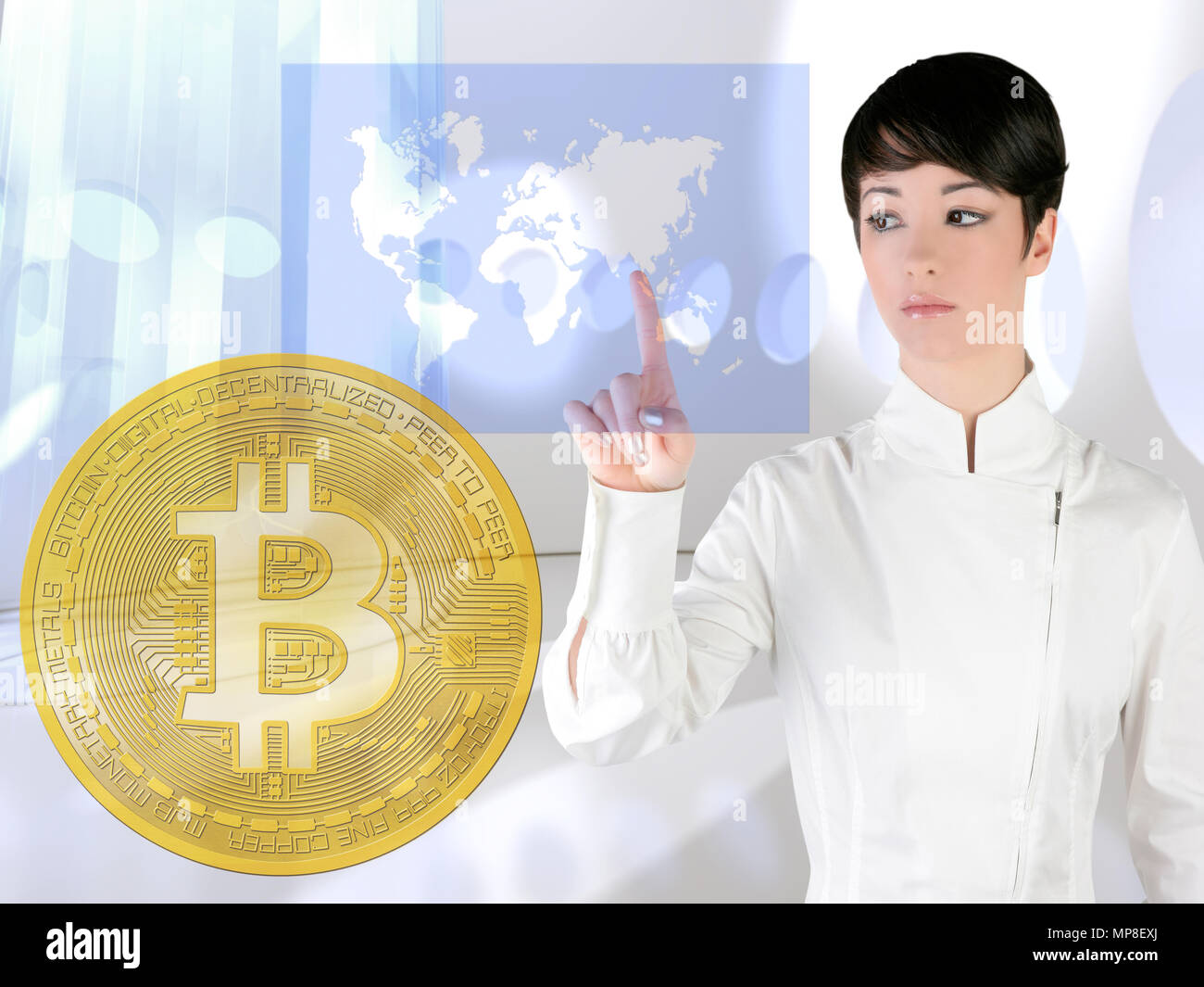 Futuristic Bitcoin BTC woman touch screen transparent Stock Photo - Alamy